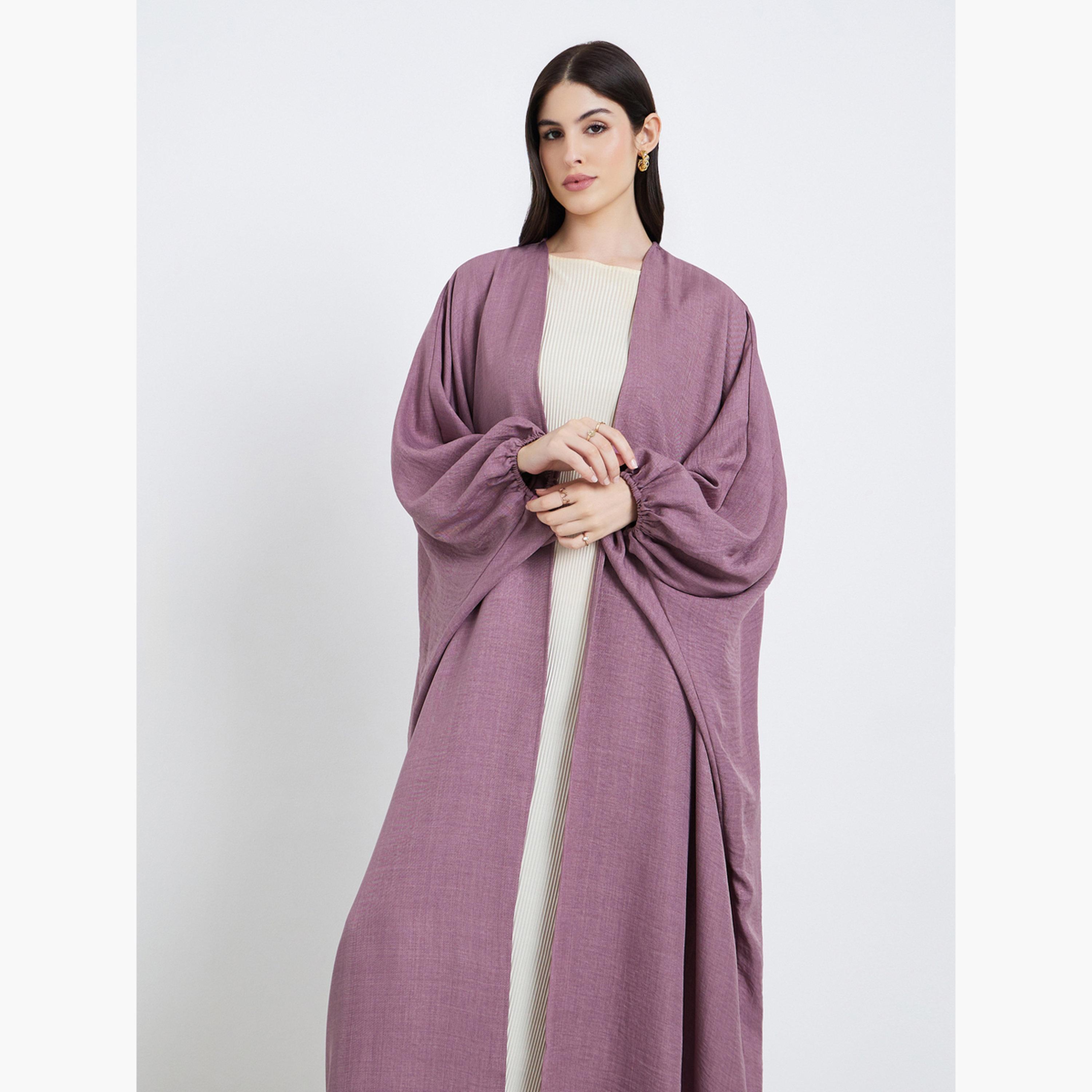 Styli Women Pink Textured Open Front Abaya-women-arabicclothing-abayas-image-3