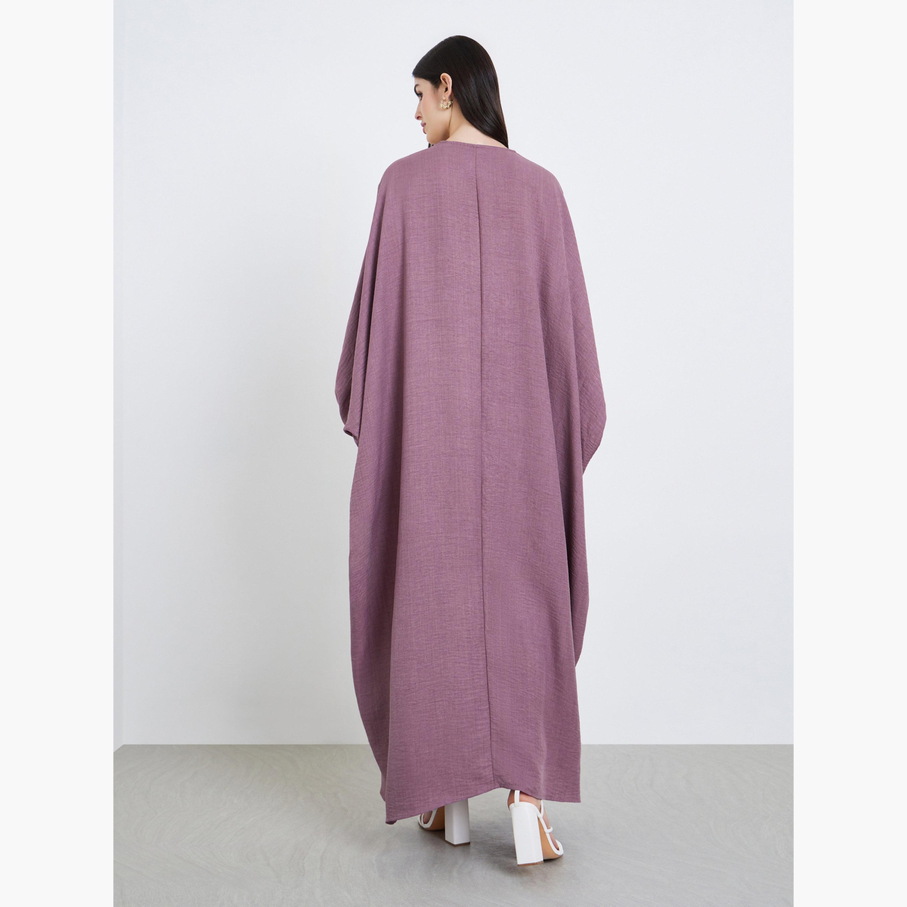 Styli Women Pink Textured Open Front Abaya-women-arabicclothing-abayas-image-5