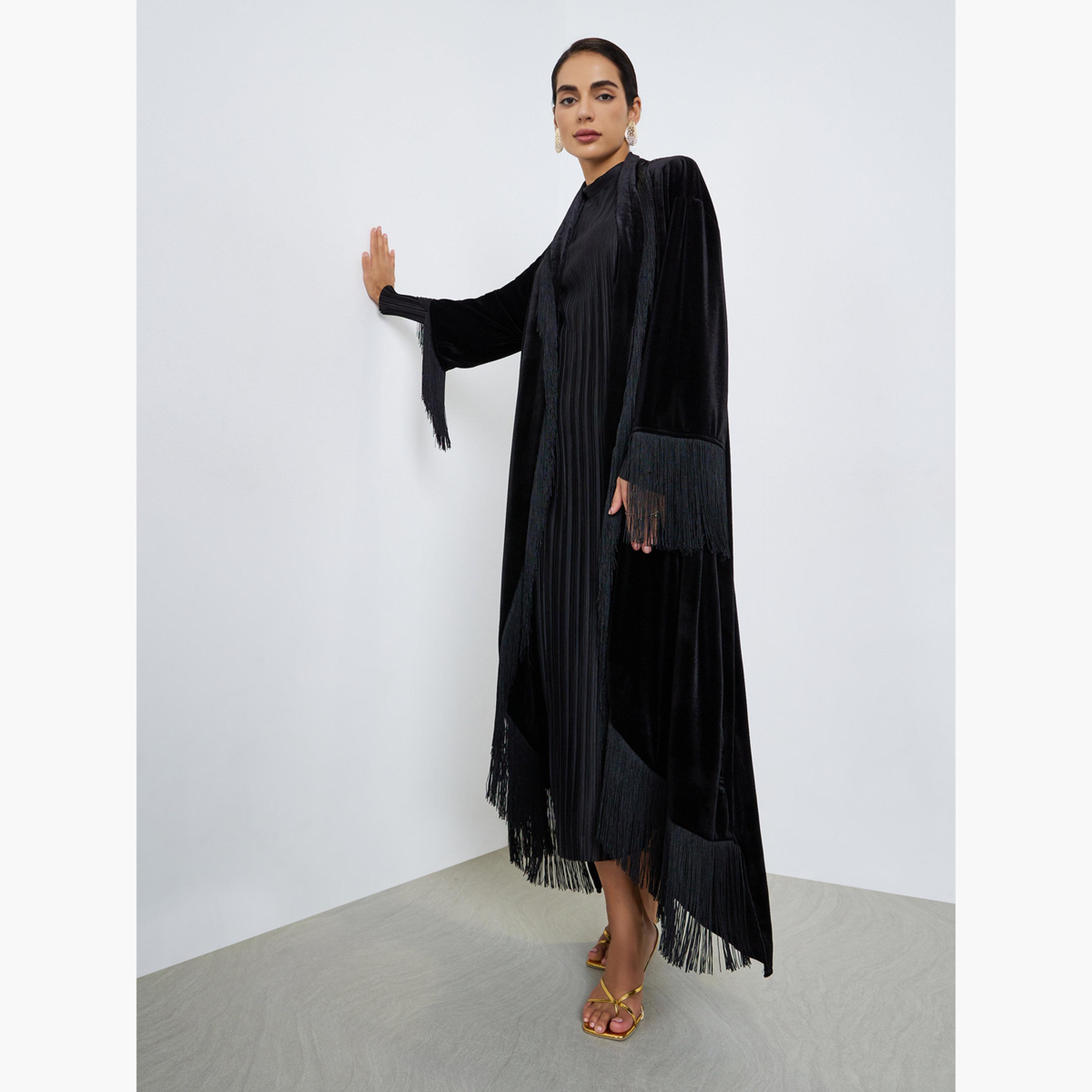 Styli Women Front Open Velvet Look Abaya with Tassel-women-arabicclothing-abayas-image-1