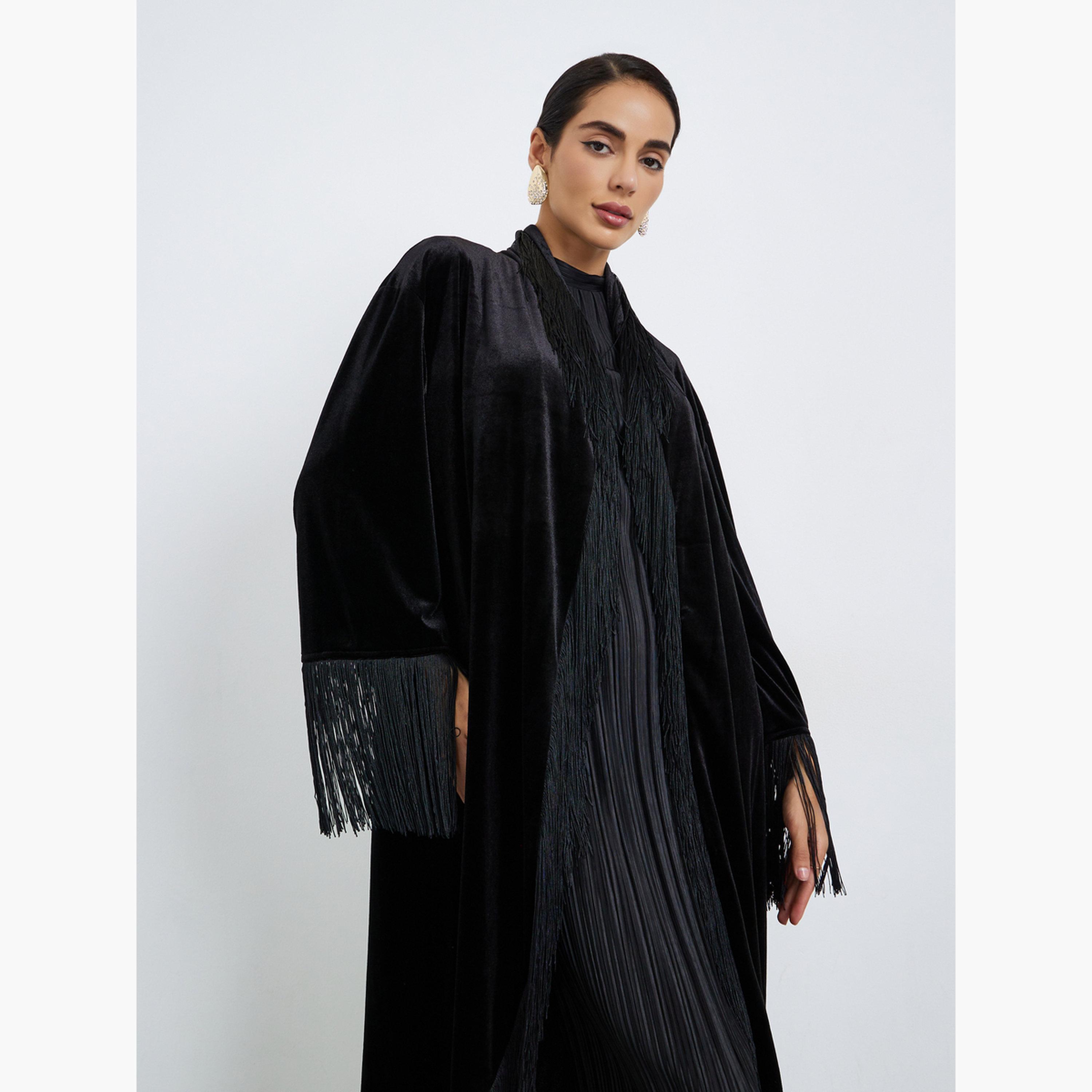 Styli Women Front Open Velvet Look Abaya with Tassel-women-arabicclothing-abayas-image-3