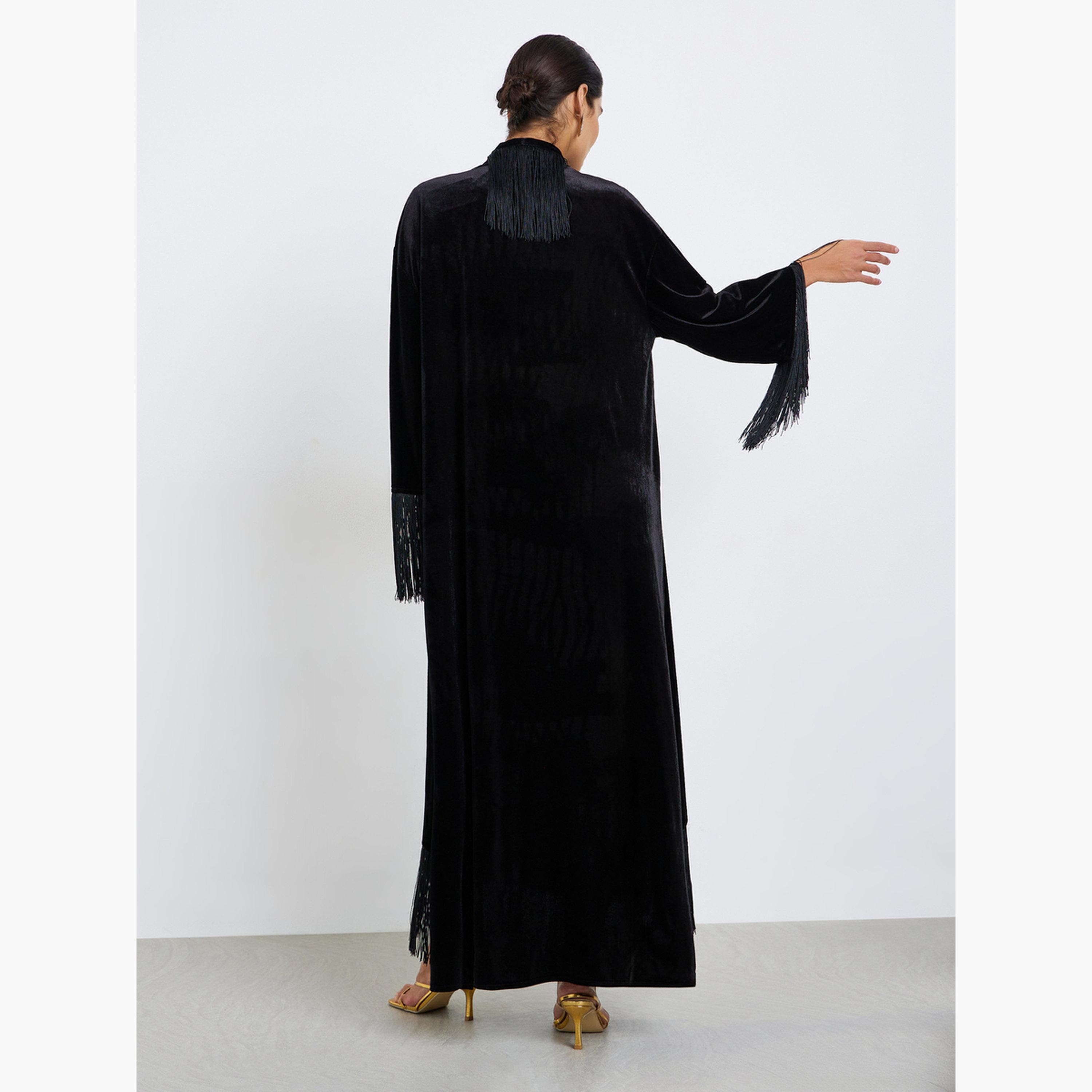 Styli Women Front Open Velvet Look Abaya with Tassel-women-arabicclothing-abayas-image-4