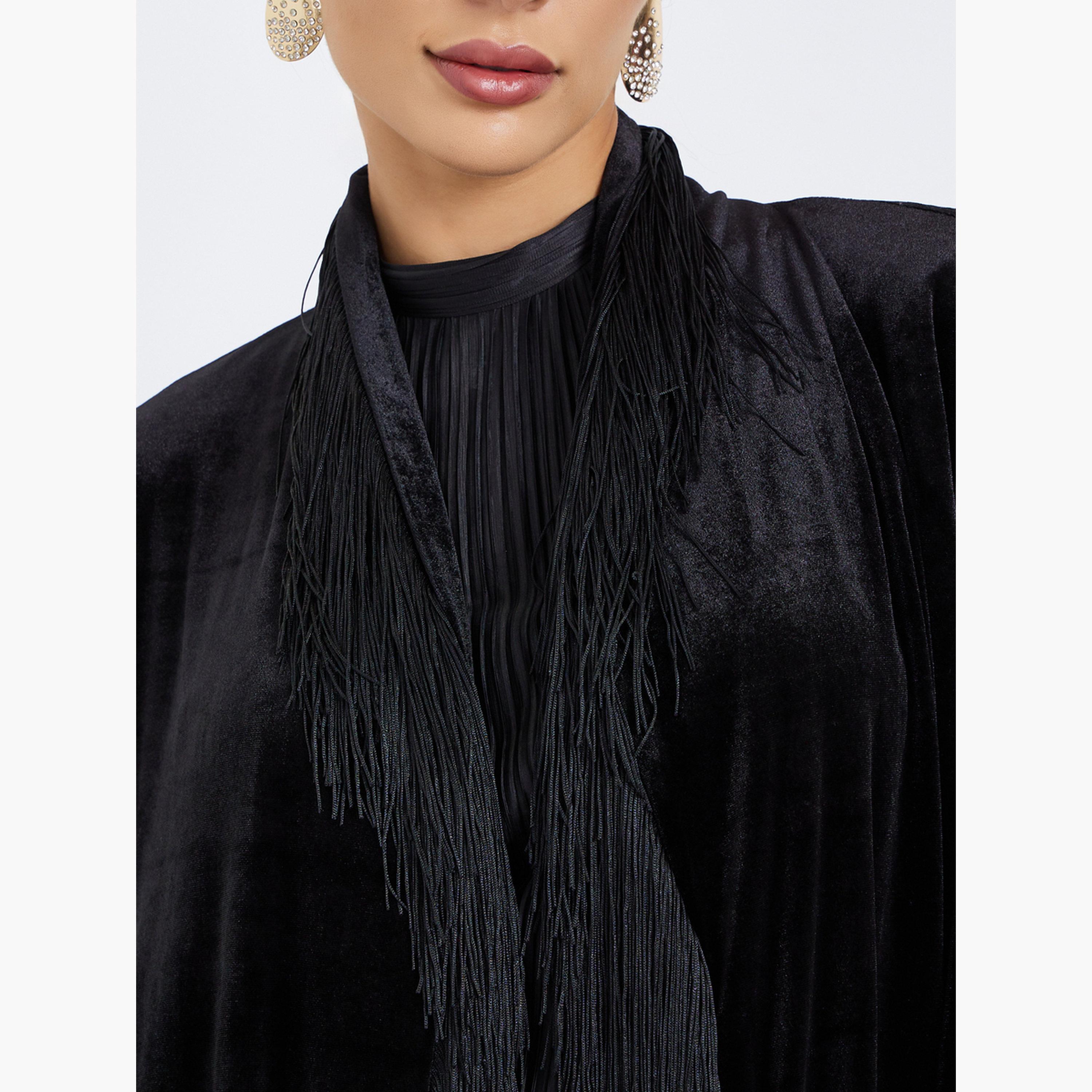 Styli Women Front Open Velvet Look Abaya with Tassel-women-arabicclothing-abayas-image-5