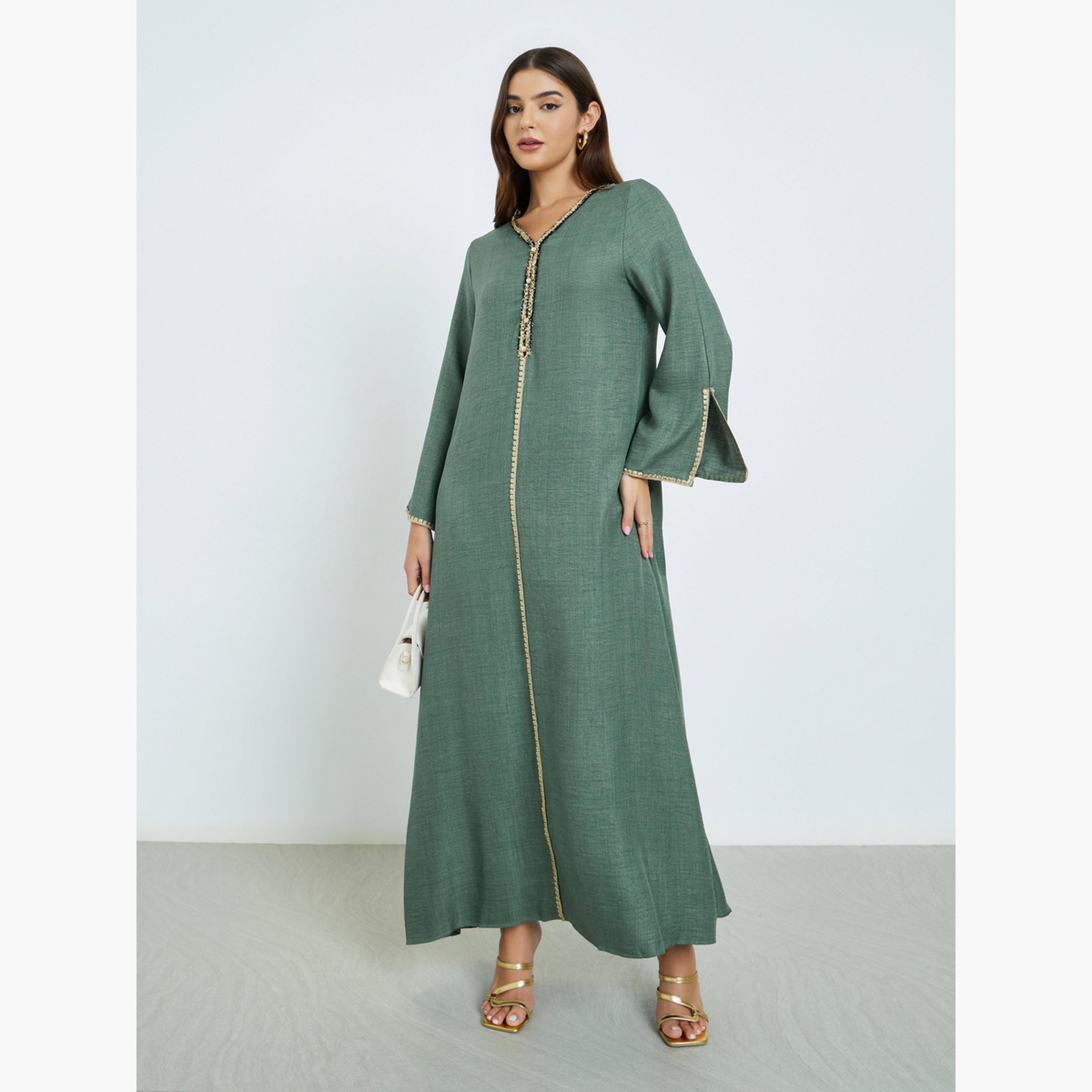 ستايلي - جلابية زيتونية بأكمام مشققة تصميم A-women-arabicclothing-jalabiyas-image-1