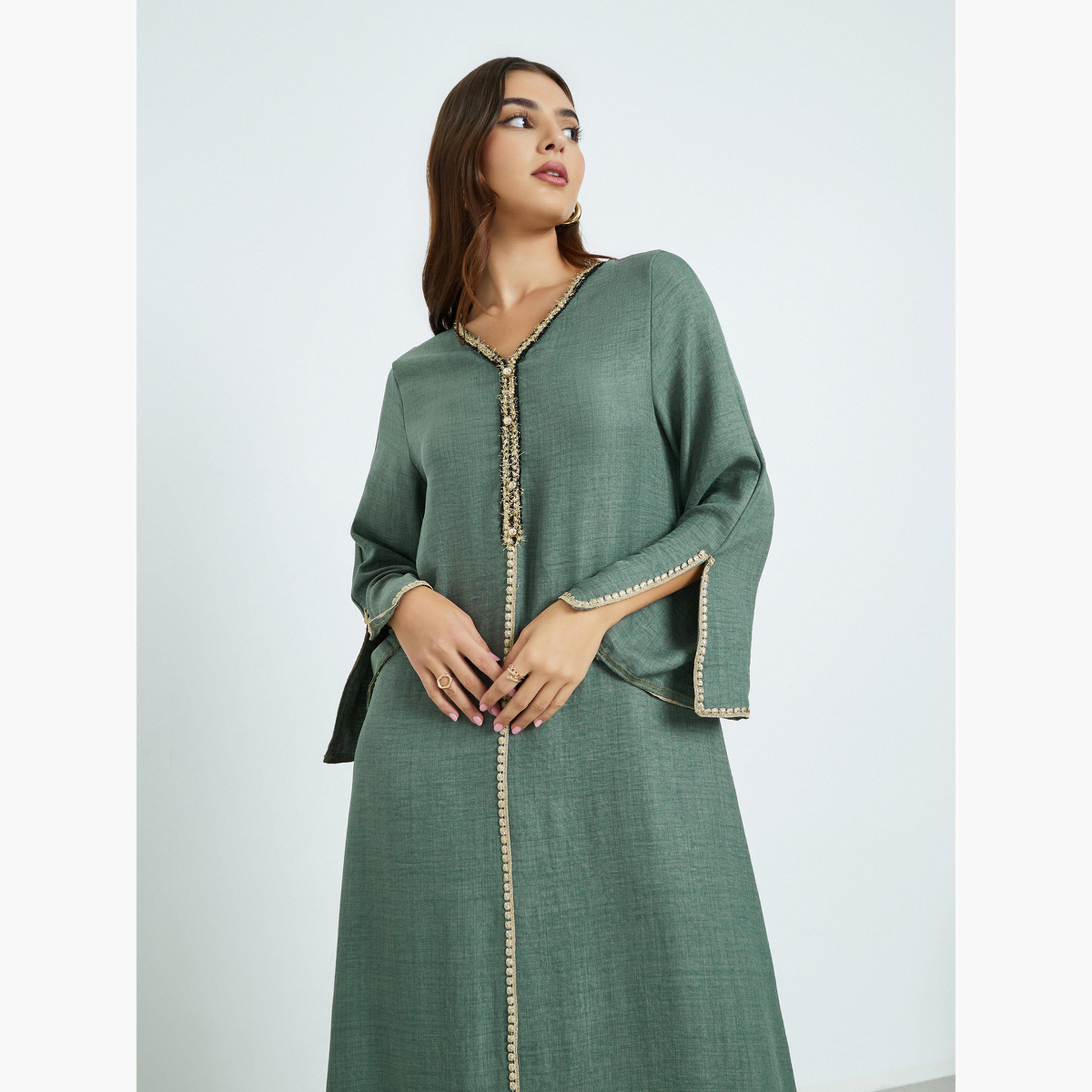 Styli Olive Slit Sleeve A-Line Jalabiya-women-arabicclothing-jalabiyas-image-2