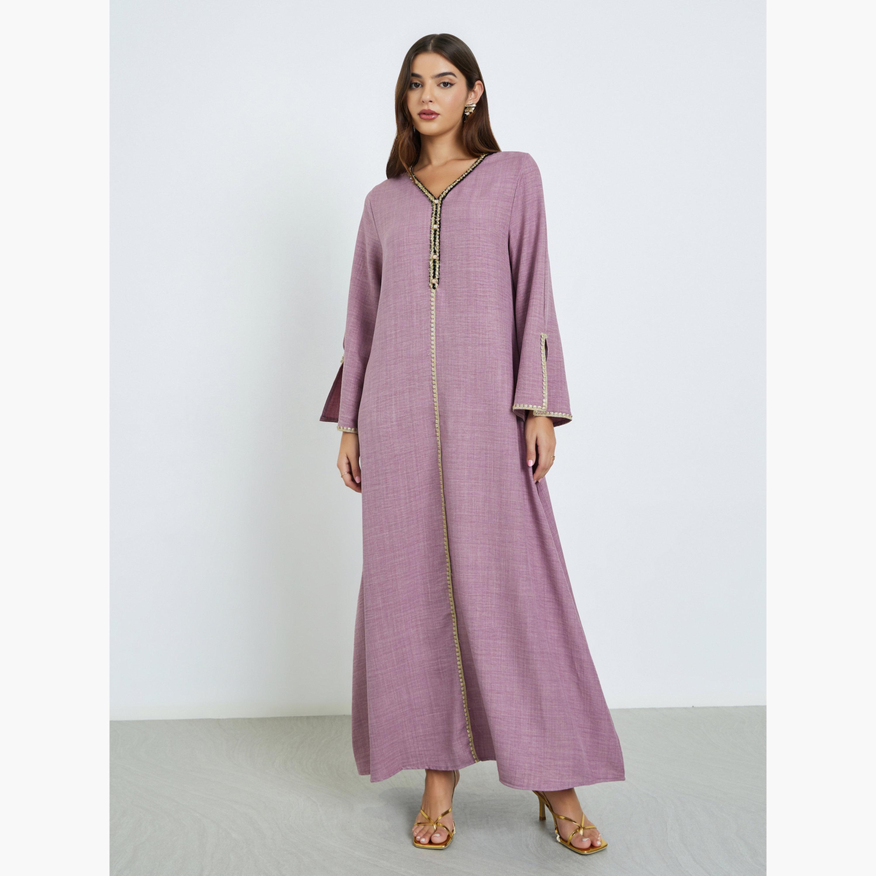 Amirah X Styli Pink Slit Sleeve A-Line Jalabiya-women-arabicclothing-jalabiyas-image-1