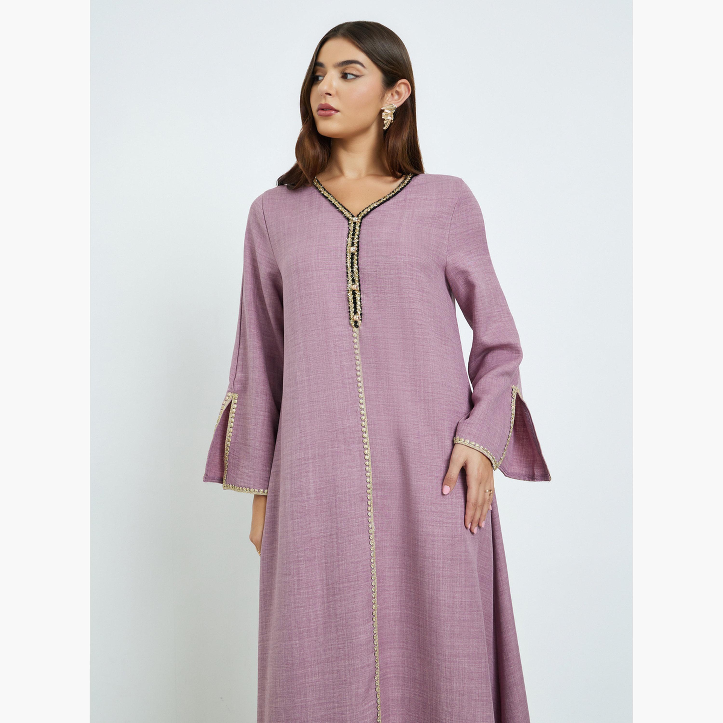 Amirah X Styli Pink Slit Sleeve A-Line Jalabiya-women-arabicclothing-jalabiyas-image-2