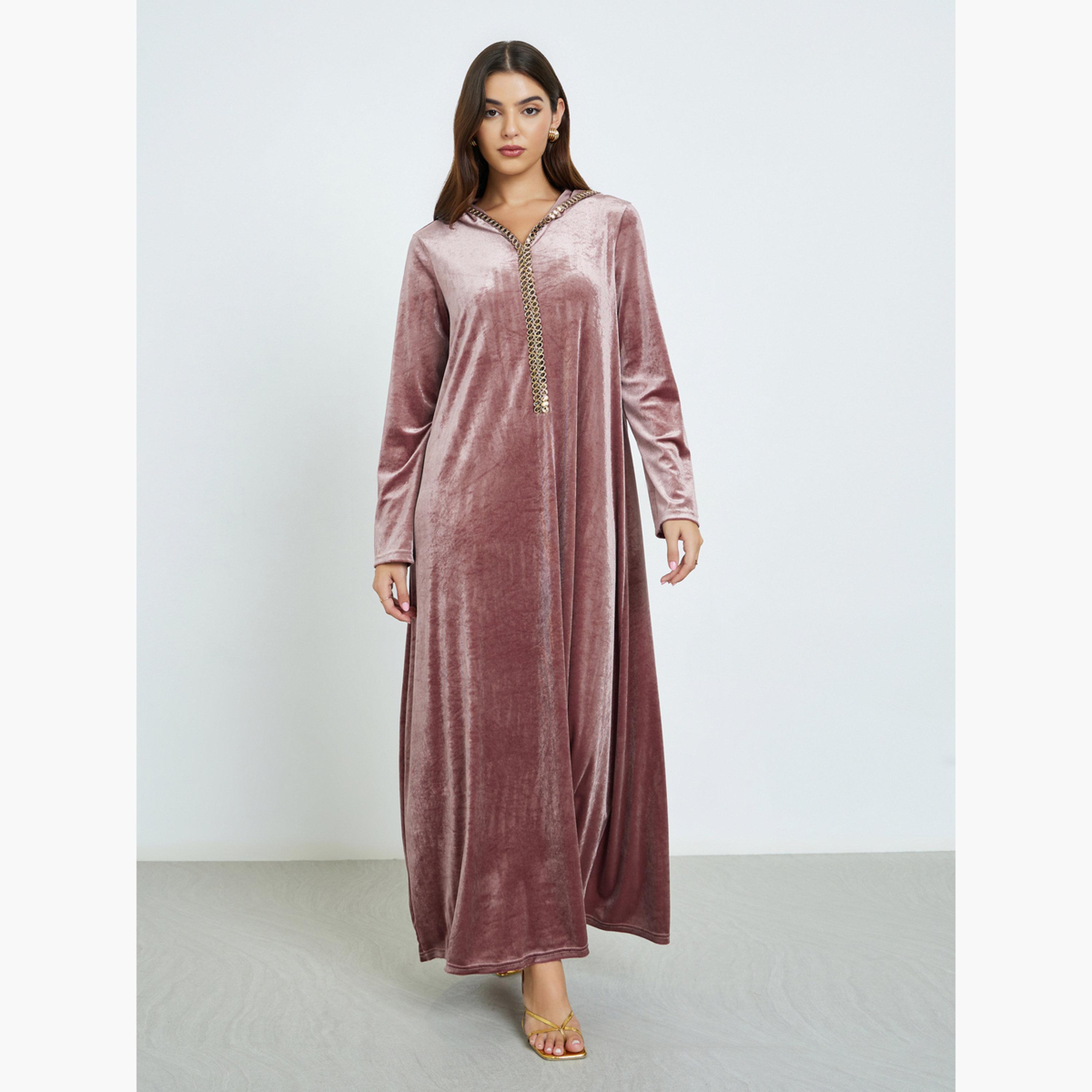 ستايلي - جلابية وردية مخملية بغطاء للرأس-women-arabicclothing-jalabiyas-image-1