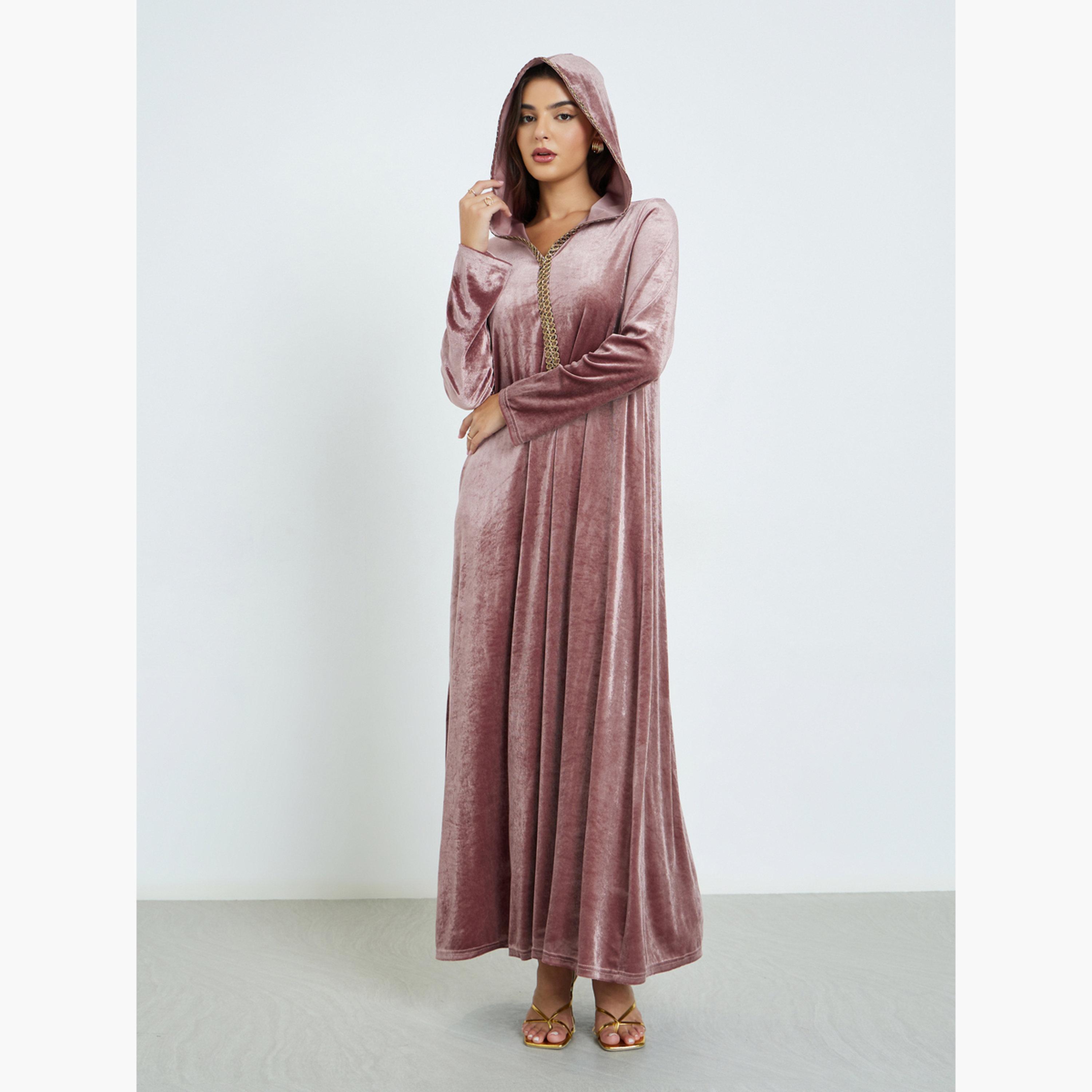 ستايلي - جلابية وردية مخملية بغطاء للرأس-women-arabicclothing-jalabiyas-image-2