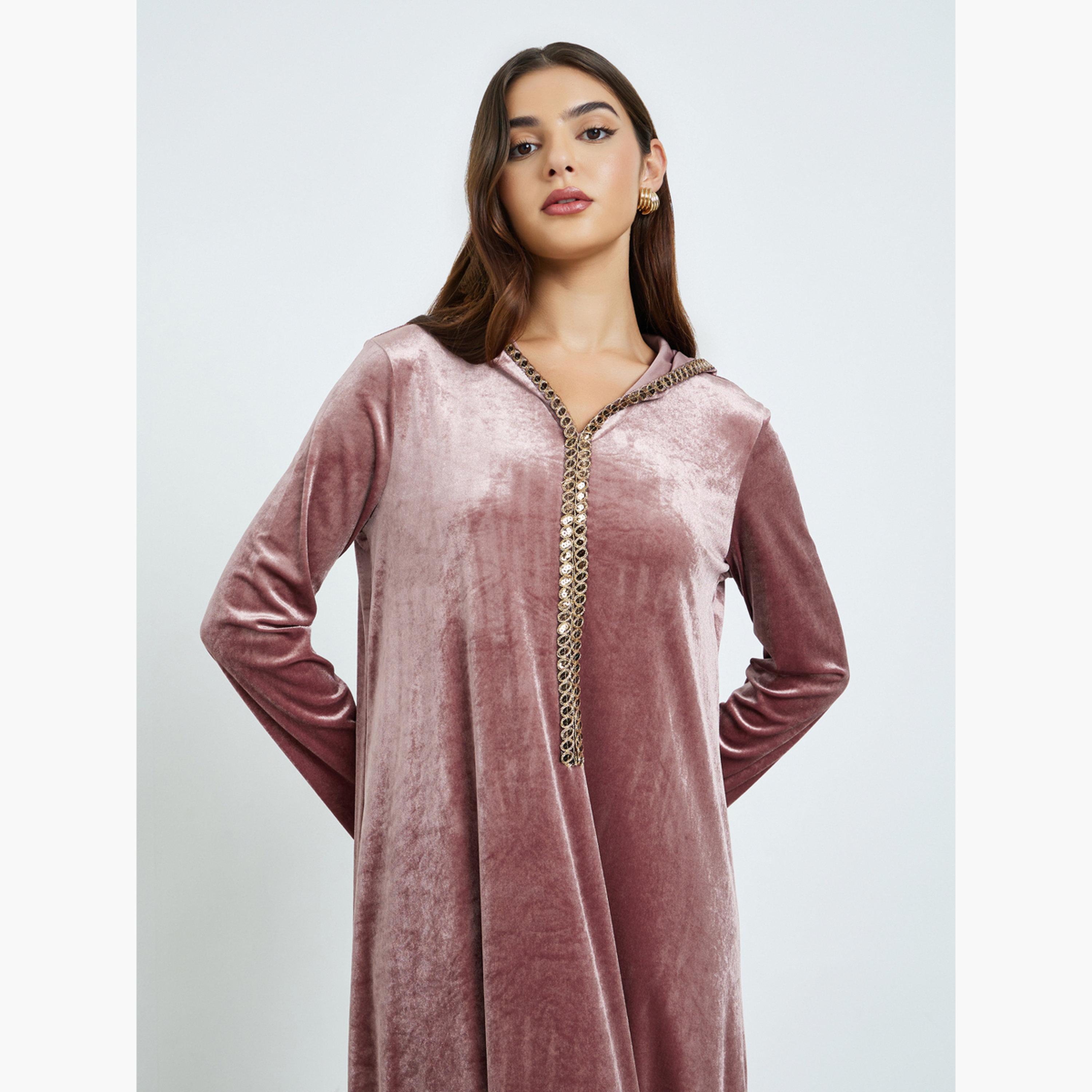 ستايلي - جلابية وردية مخملية بغطاء للرأس-women-arabicclothing-jalabiyas-image-3