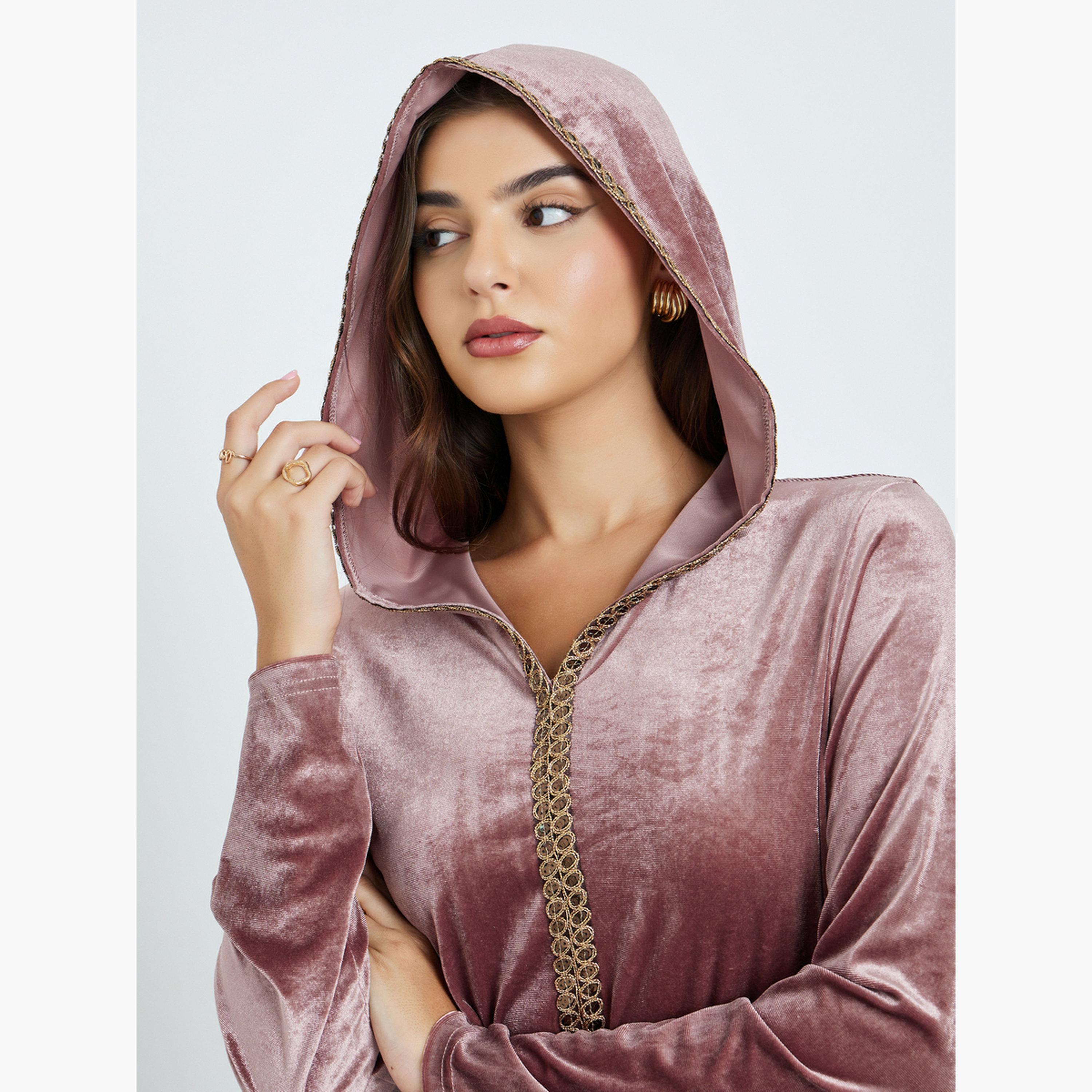 ستايلي - جلابية وردية مخملية بغطاء للرأس-women-arabicclothing-jalabiyas-image-4