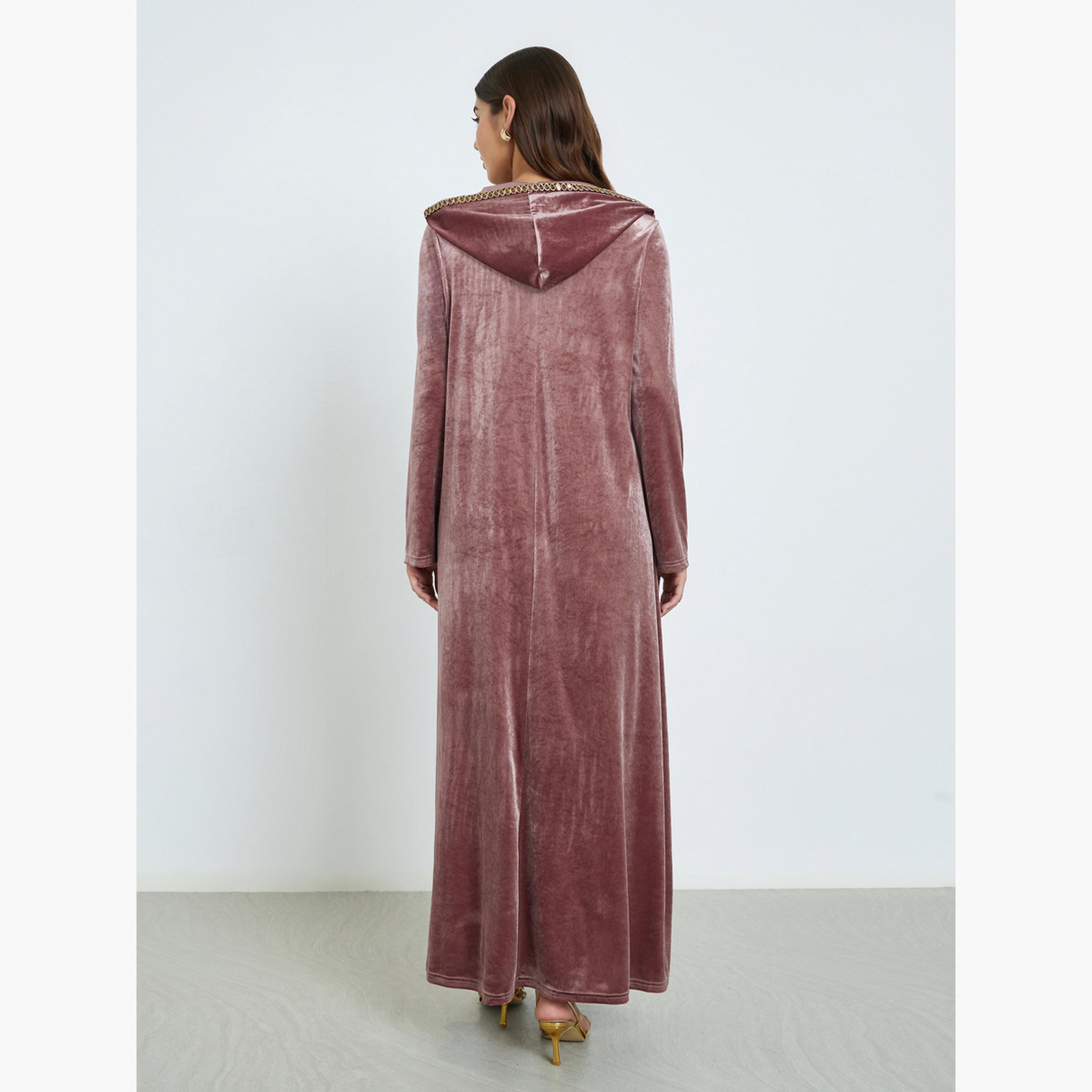 ستايلي - جلابية وردية مخملية بغطاء للرأس-women-arabicclothing-jalabiyas-image-5
