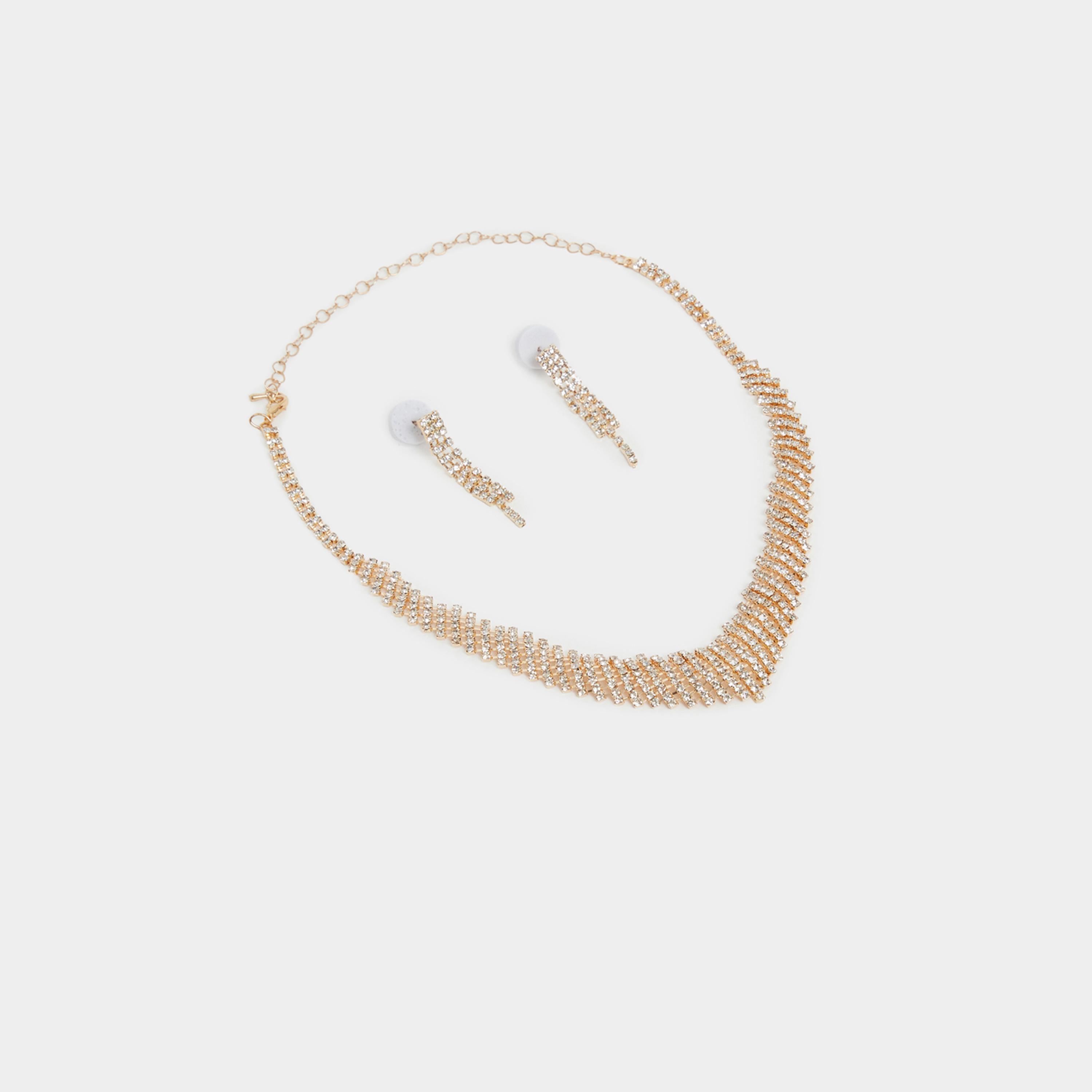 ستايلي - طقم مجوهرات مكون من قلادة وأقراط متدلية مزينة لون ذهبي-women-watchesandjewellery-jewellery-jewellerysets-image-1