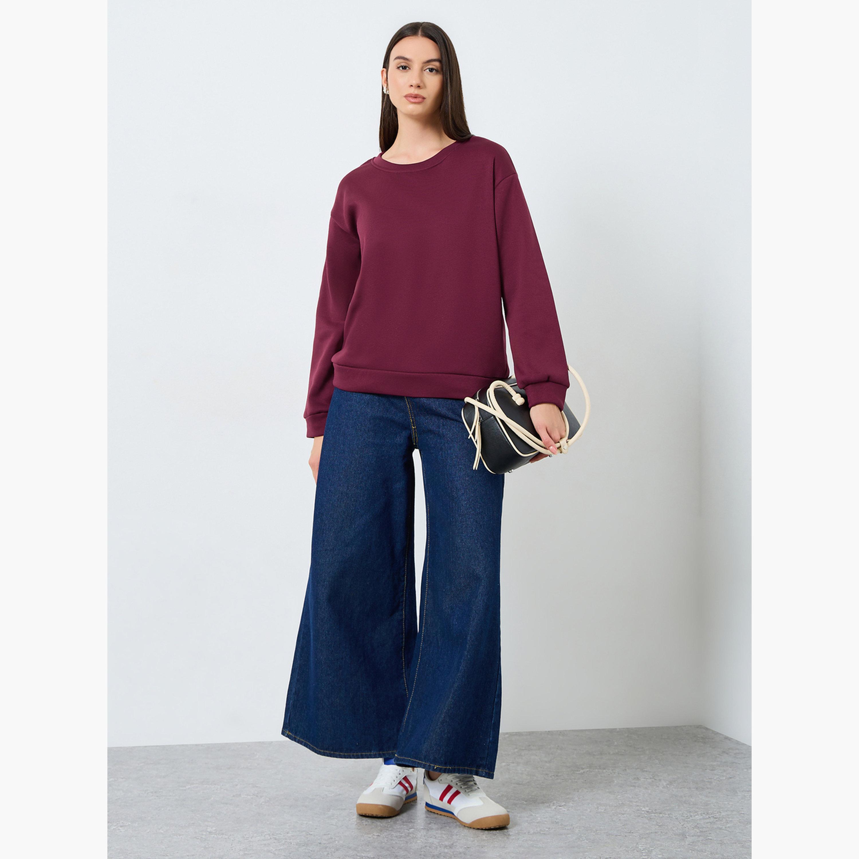 ستايلي - سويت شيرت مقاس كبير اوفر سايز  بلون برغندي سادة-women-clothing-hoodiesandsweatshirts-sweatshirts-image-2