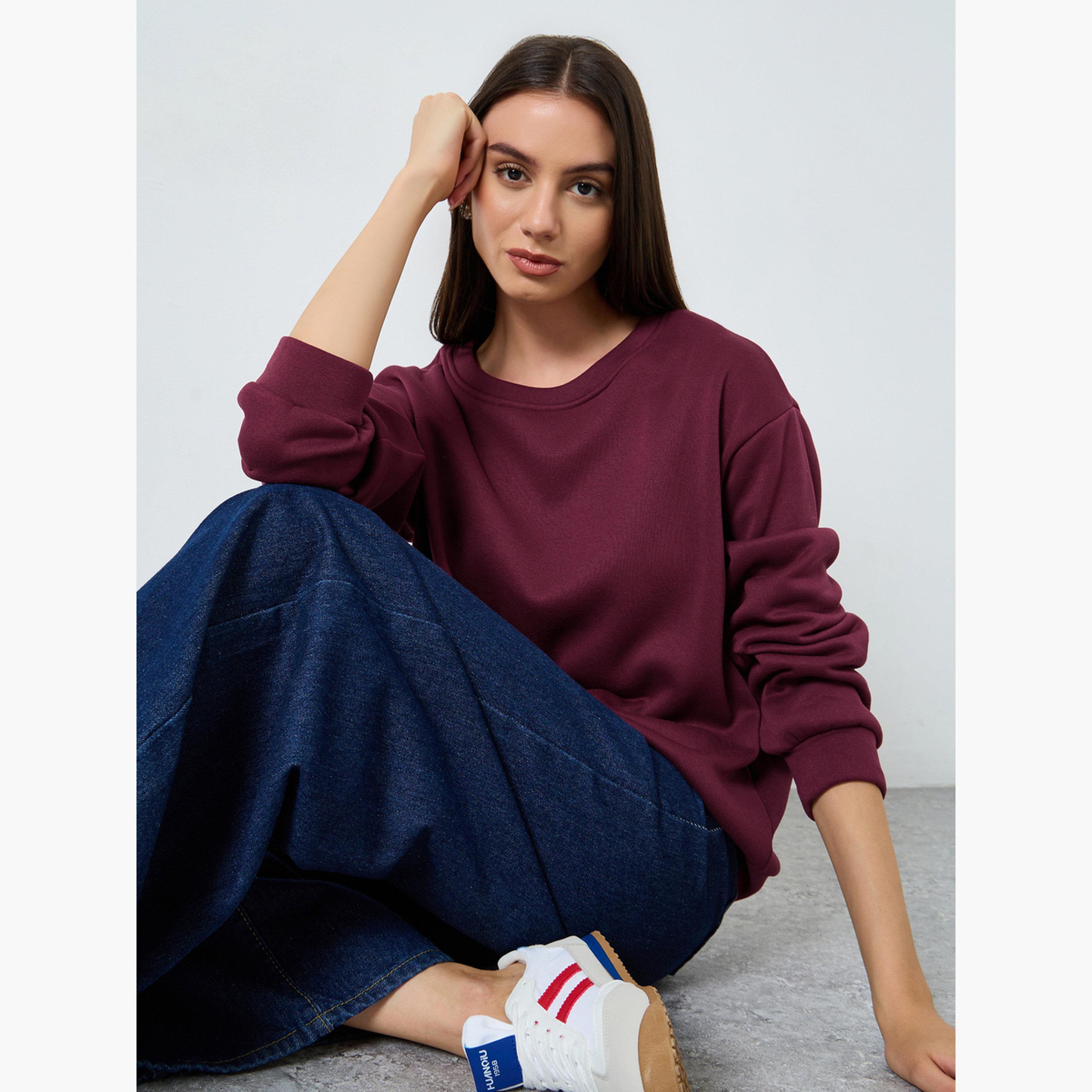 ستايلي - سويت شيرت مقاس كبير اوفر سايز  بلون برغندي سادة-women-clothing-hoodiesandsweatshirts-sweatshirts-image-3