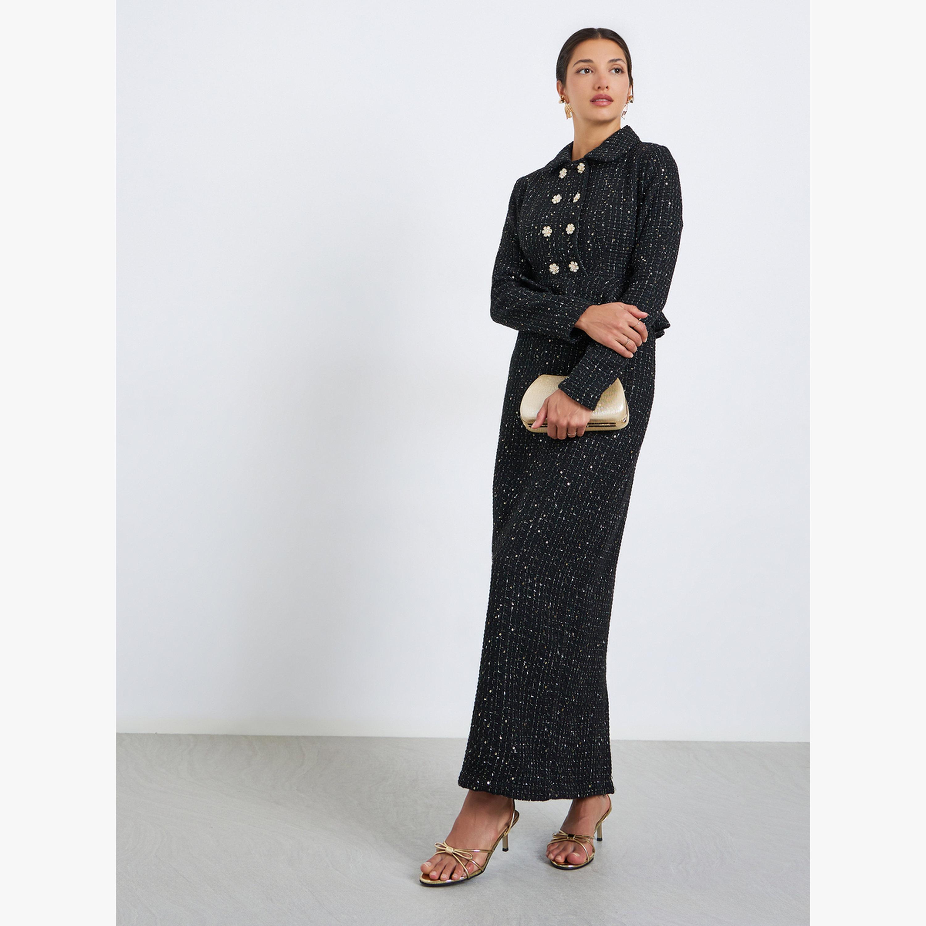 فستان طويل بليزر بتفاصيل تويد بصف أزرار مزدوج-women-clothing-dresses-image-1
