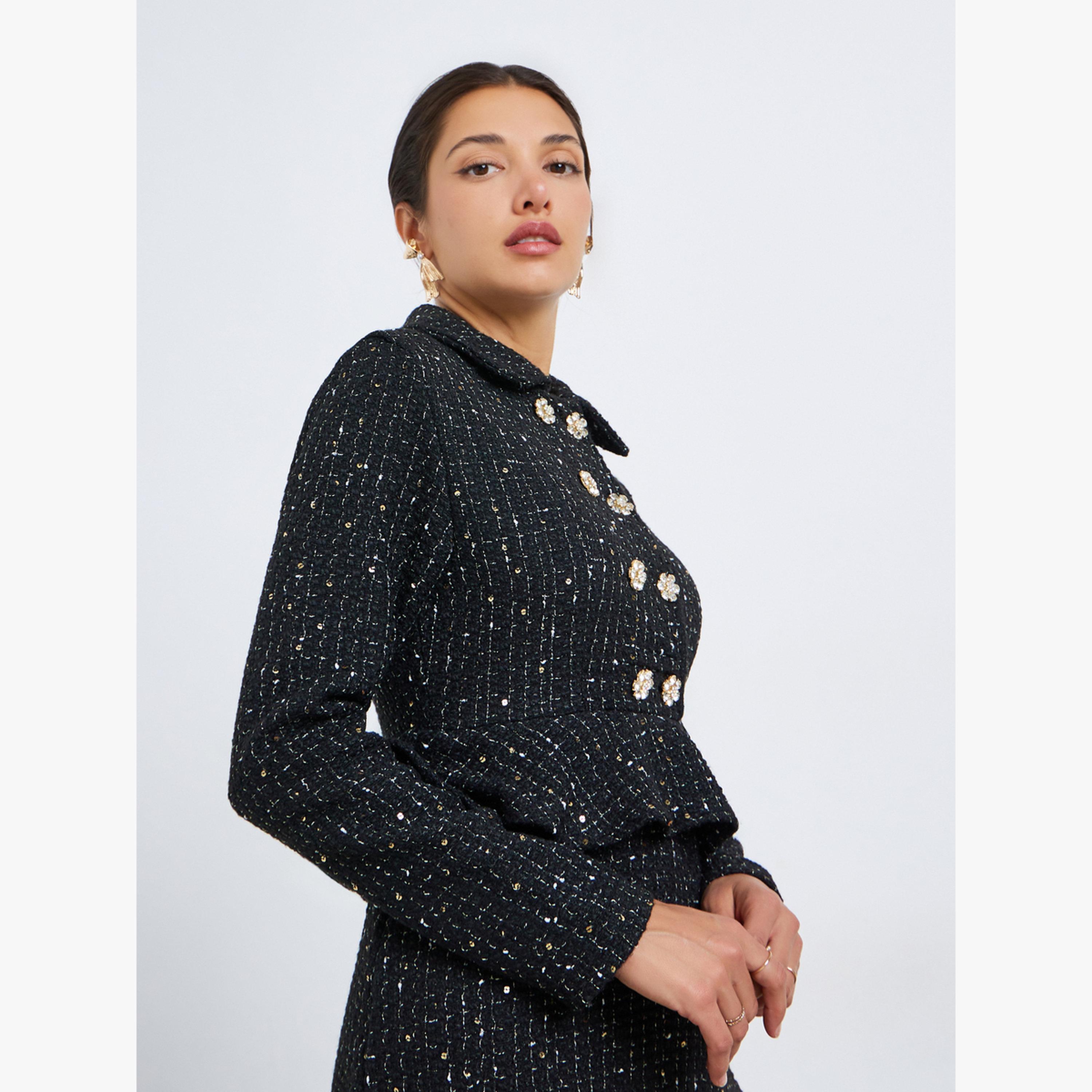 Styli Women Black Tweed Double Breasted Blazer Maxi Dress-women-clothing-dresses-image-2