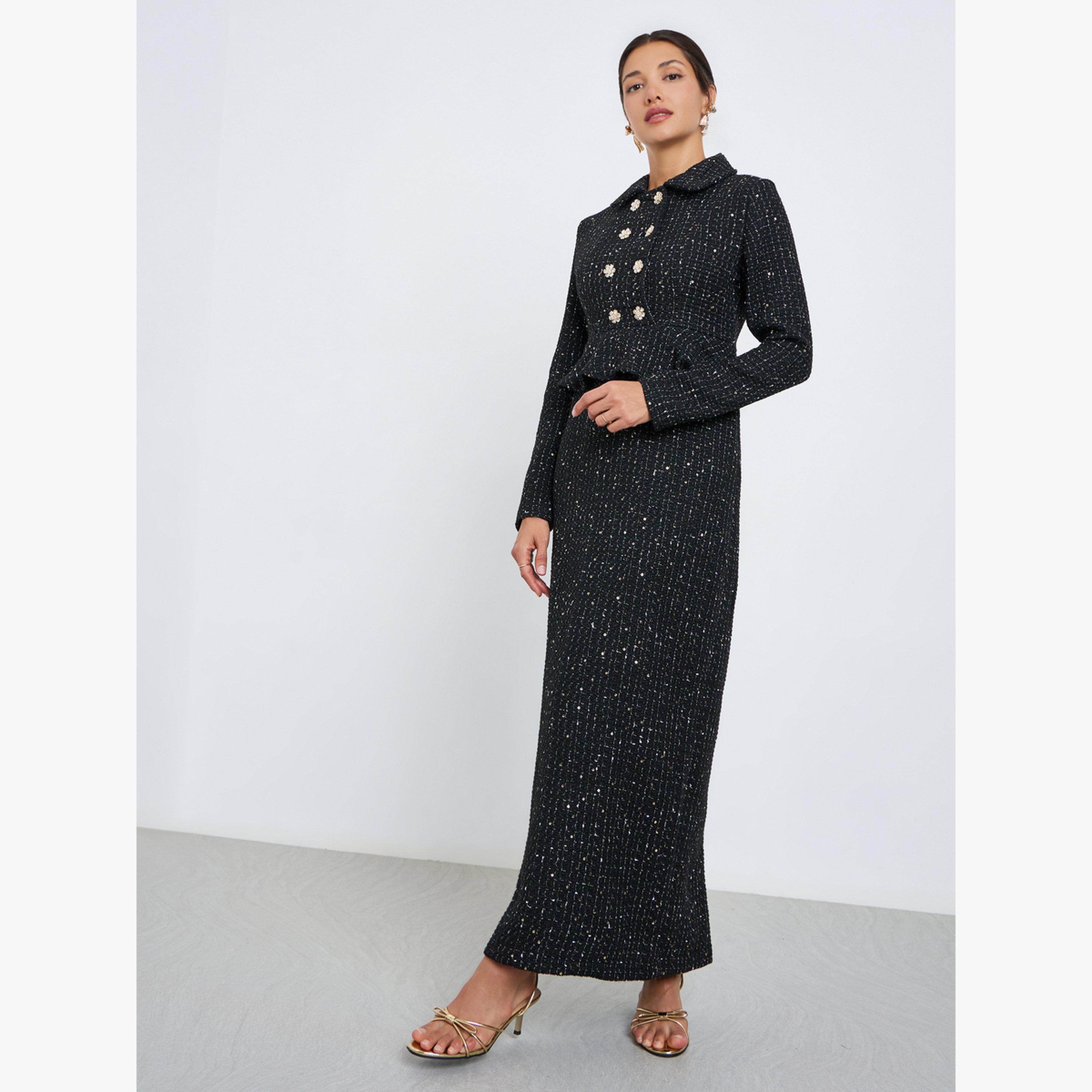Styli Women Black Tweed Double Breasted Blazer Maxi Dress-women-clothing-dresses-image-3