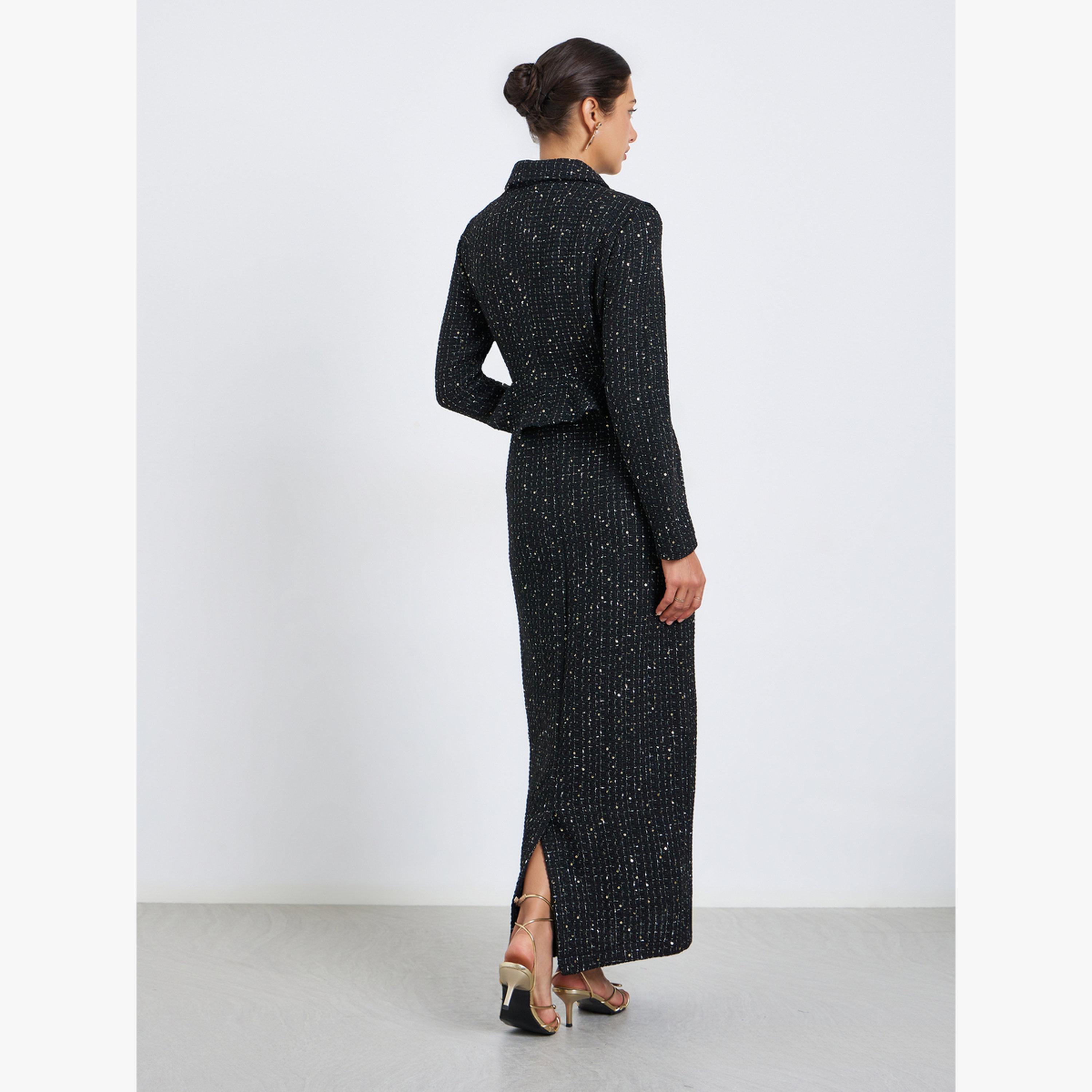 Styli Women Black Tweed Double Breasted Blazer Maxi Dress-women-clothing-dresses-image-5
