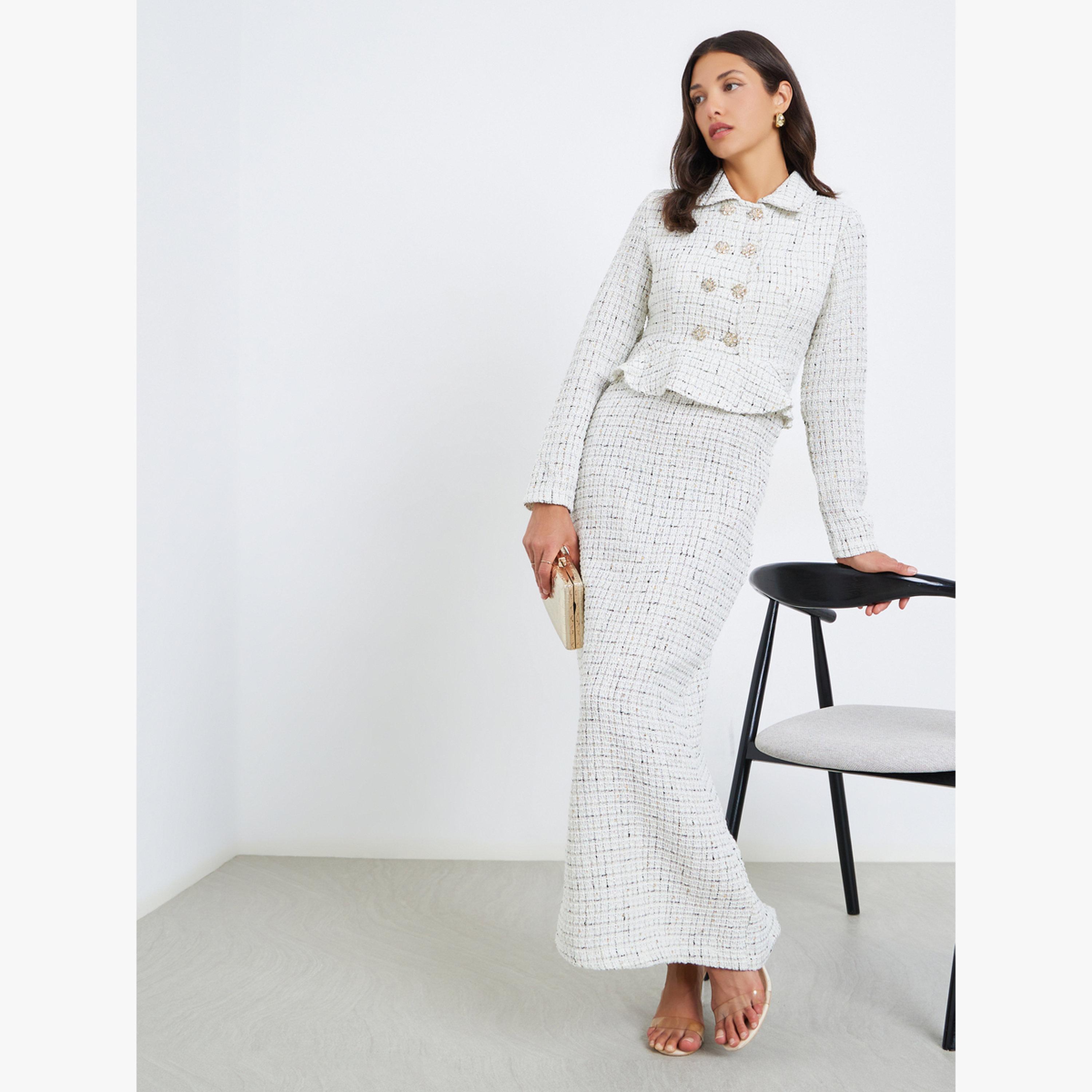 فستان طويل بليزر بتفاصيل تويد بصف أزرار مزدوج-women-clothing-dresses-image-1