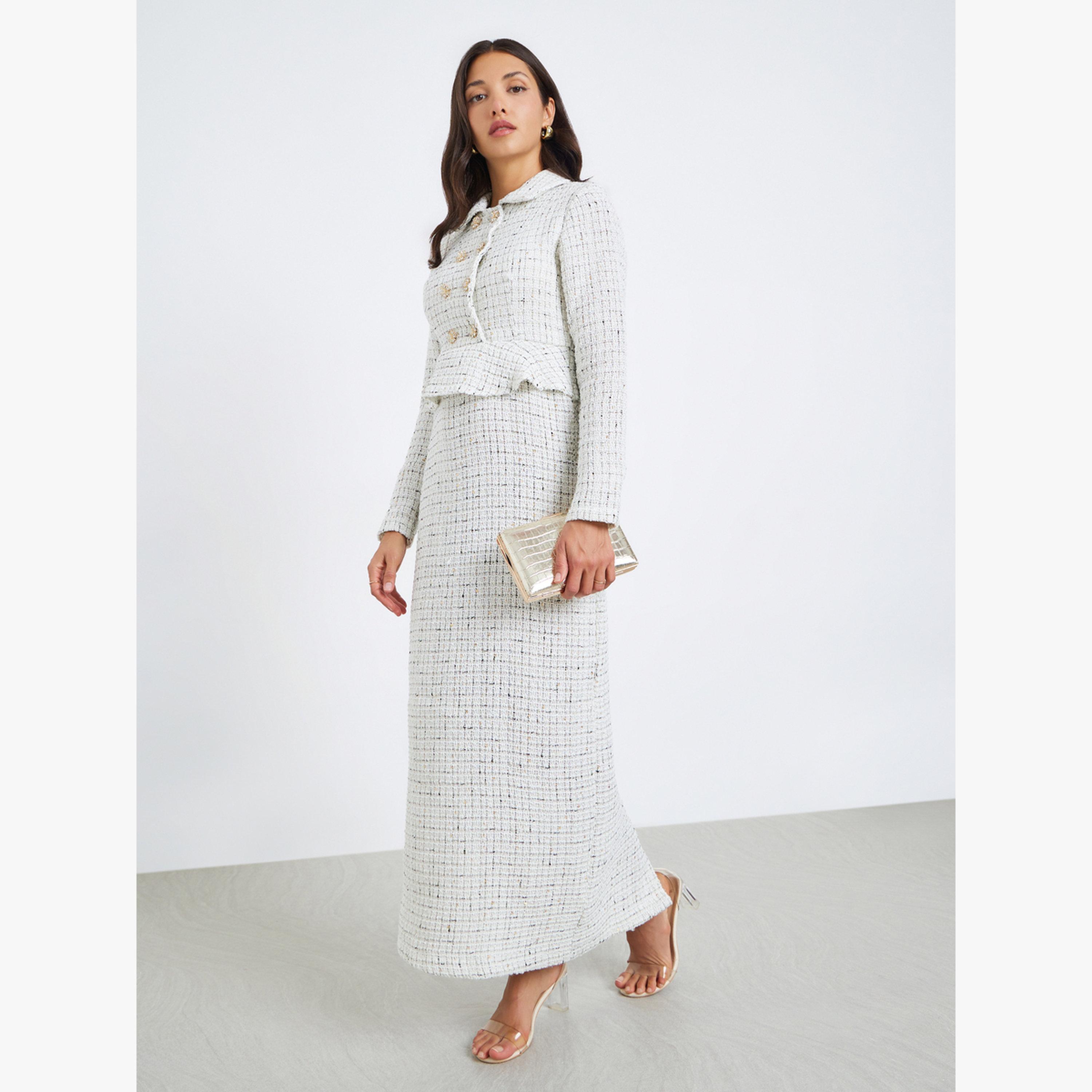 فستان طويل بليزر بتفاصيل تويد بصف أزرار مزدوج-women-clothing-dresses-image-2