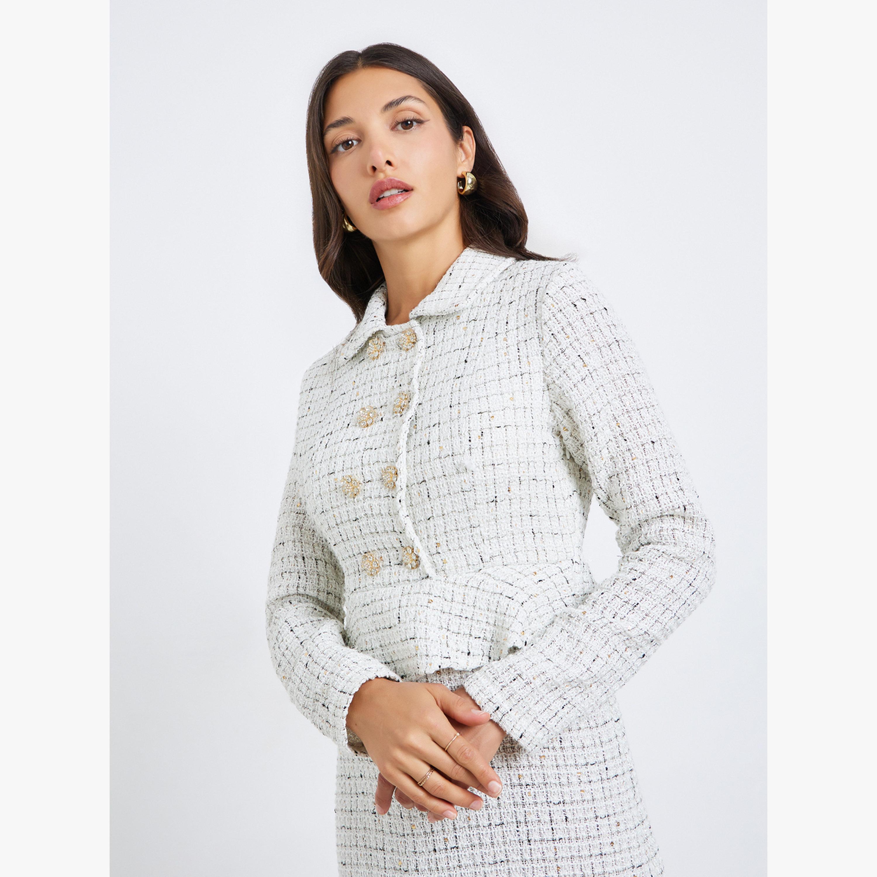 فستان طويل بليزر بتفاصيل تويد بصف أزرار مزدوج-women-clothing-dresses-image-3