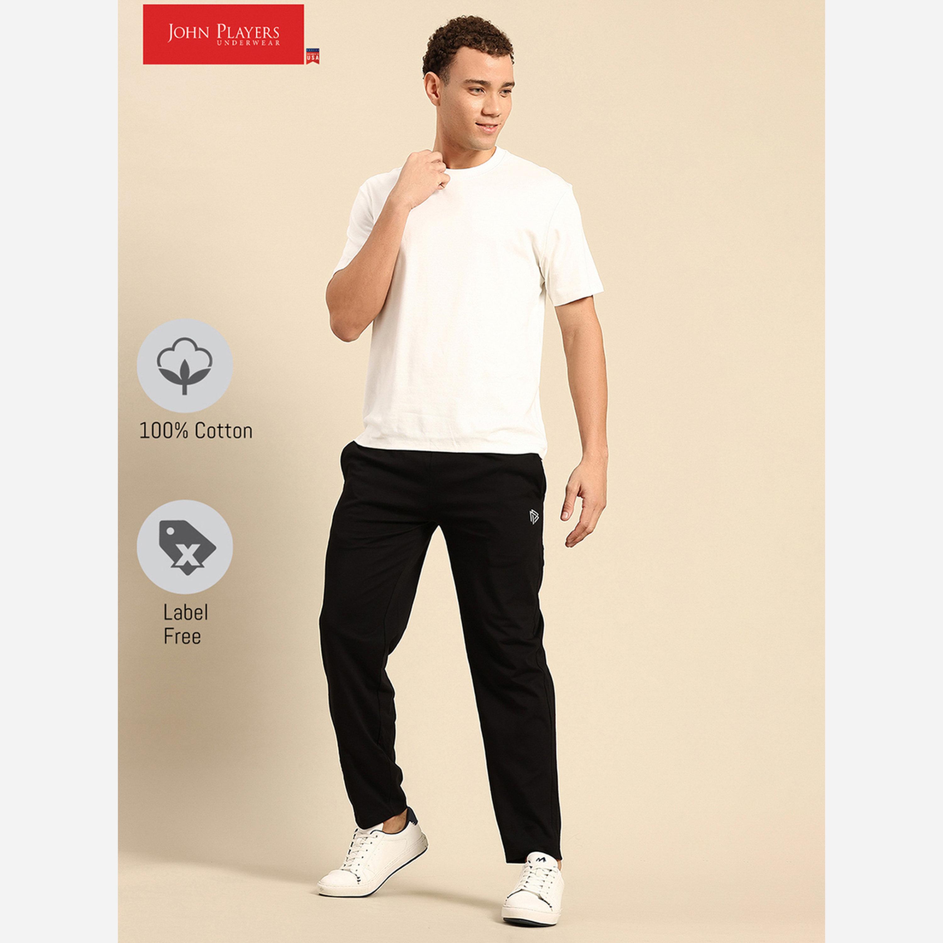 John Player Men Black Plain Cotton Joggers with Drawstring-men-clothing-bottoms-joggers-image-2