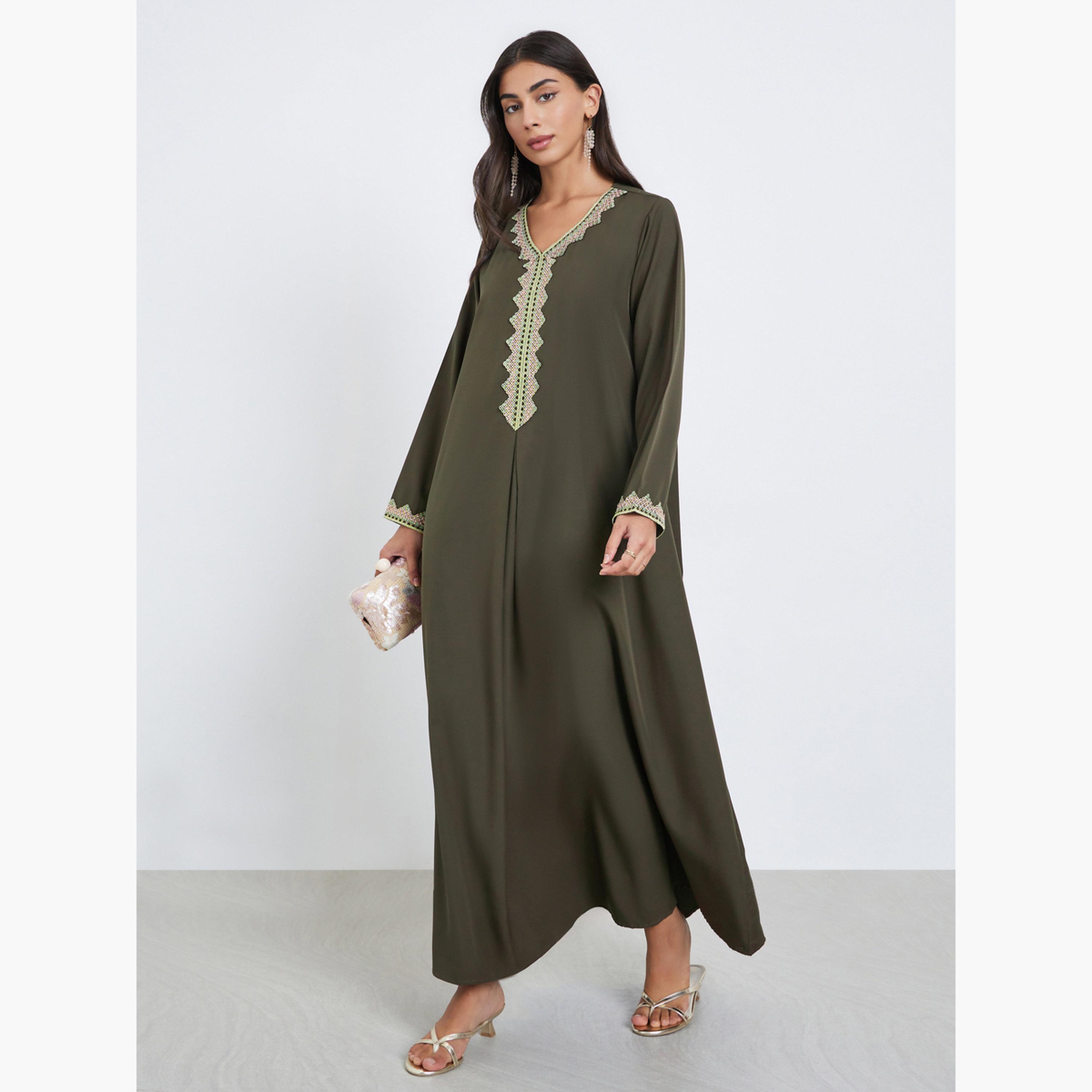 Amirah X Styli Olive Lace Trim V Neck Jalabiya-women-arabicclothing-jalabiyas-image-1