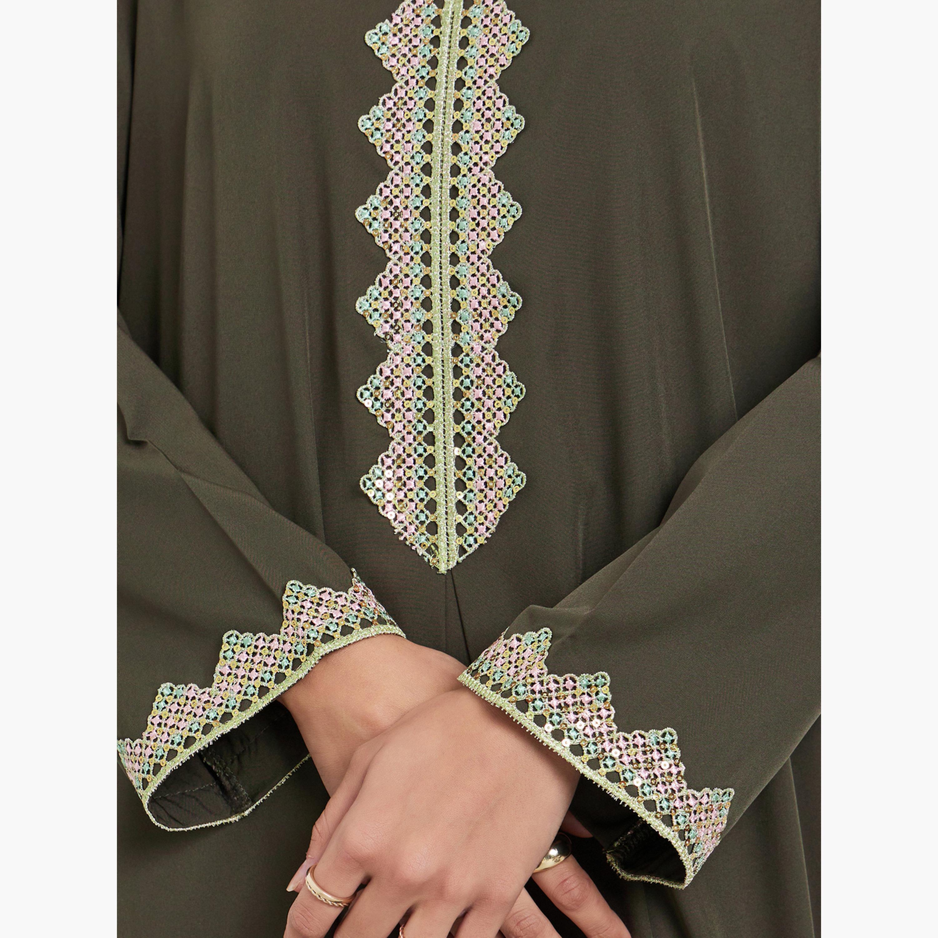 Amirah X Styli Olive Lace Trim V Neck Jalabiya-women-arabicclothing-jalabiyas-image-3