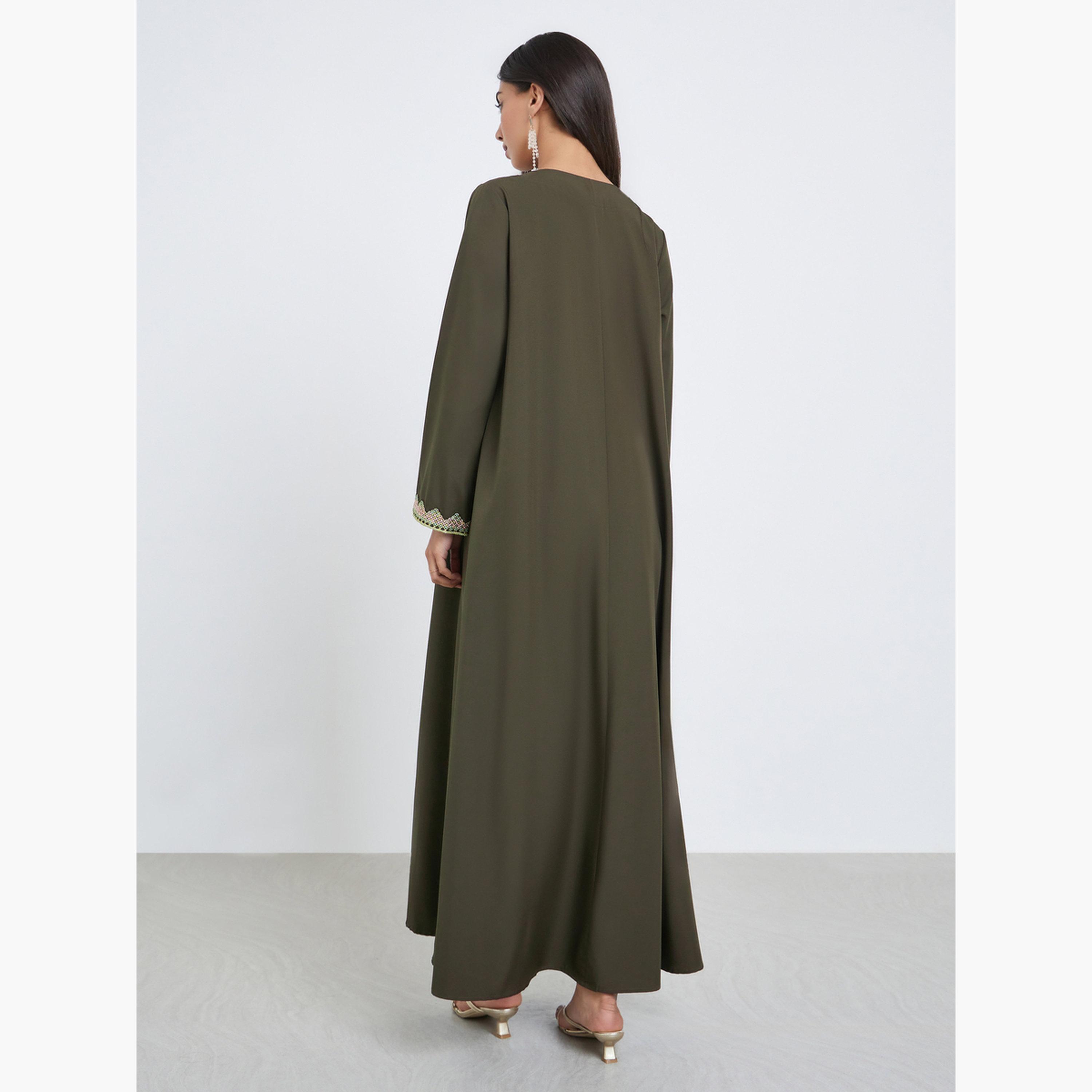 Amirah X Styli Olive Lace Trim V Neck Jalabiya-women-arabicclothing-jalabiyas-image-4