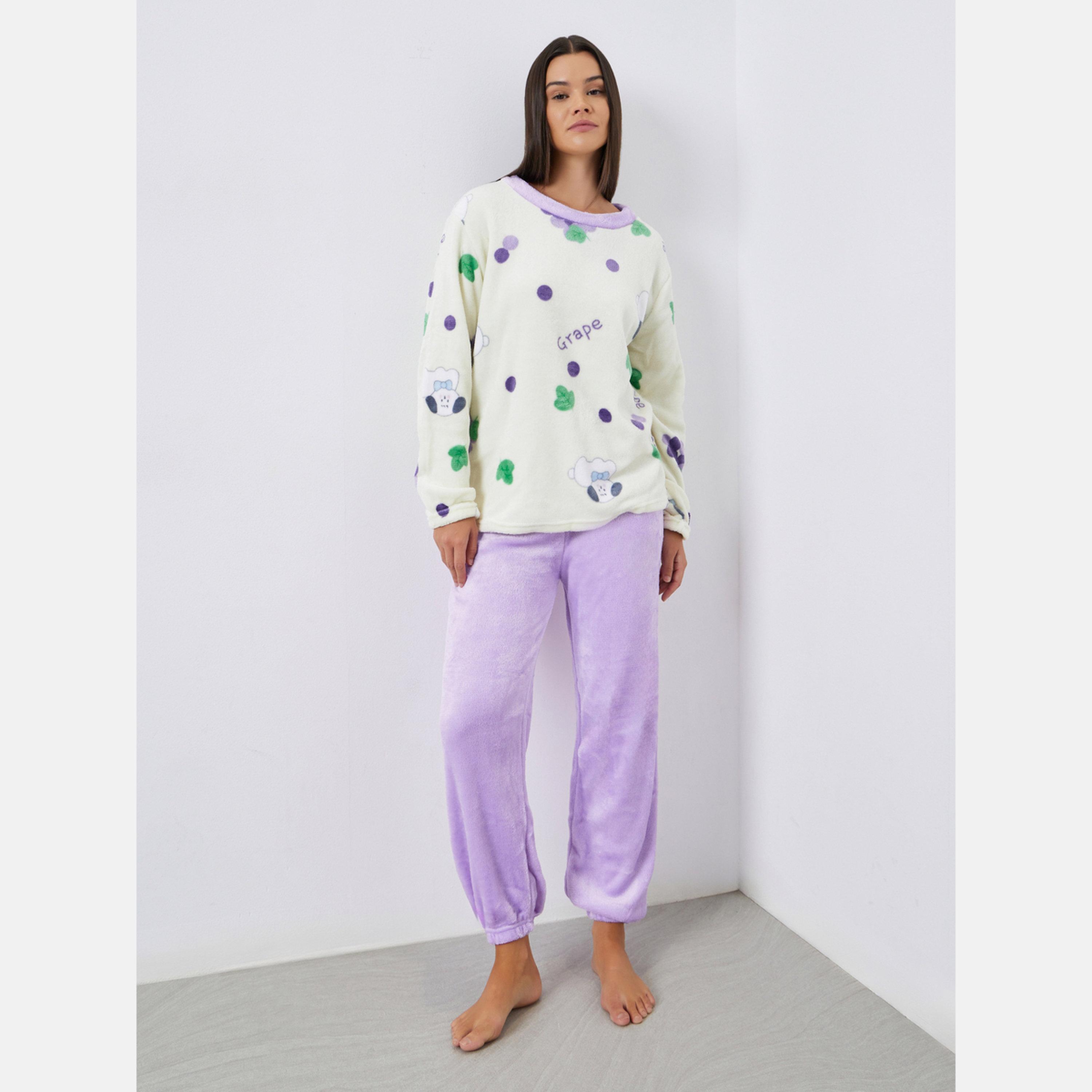 Styli Grape Print Fleece Top and Cuffed Pyjama Set-women-clothing-nightwear-pyjamas-longsets-image-1