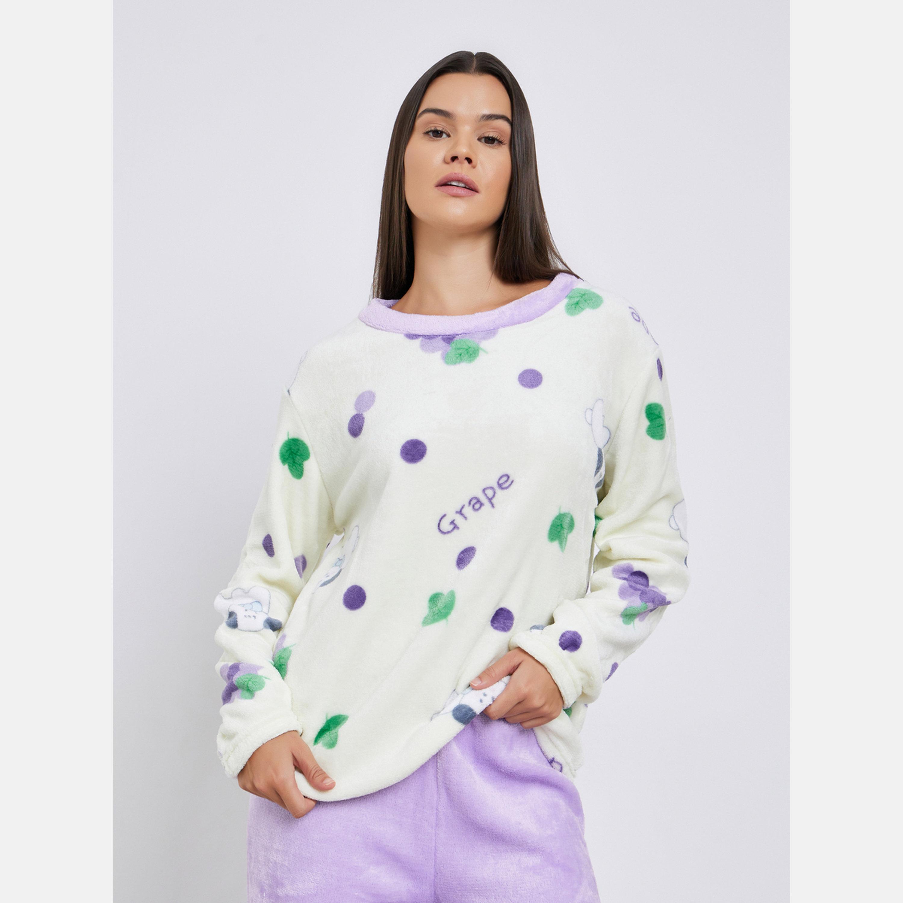 ستايلي - بيجاما بلوزة صوف بطبعة عنب مع أكمام-women-clothing-nightwear-pyjamas-longsets-image-2