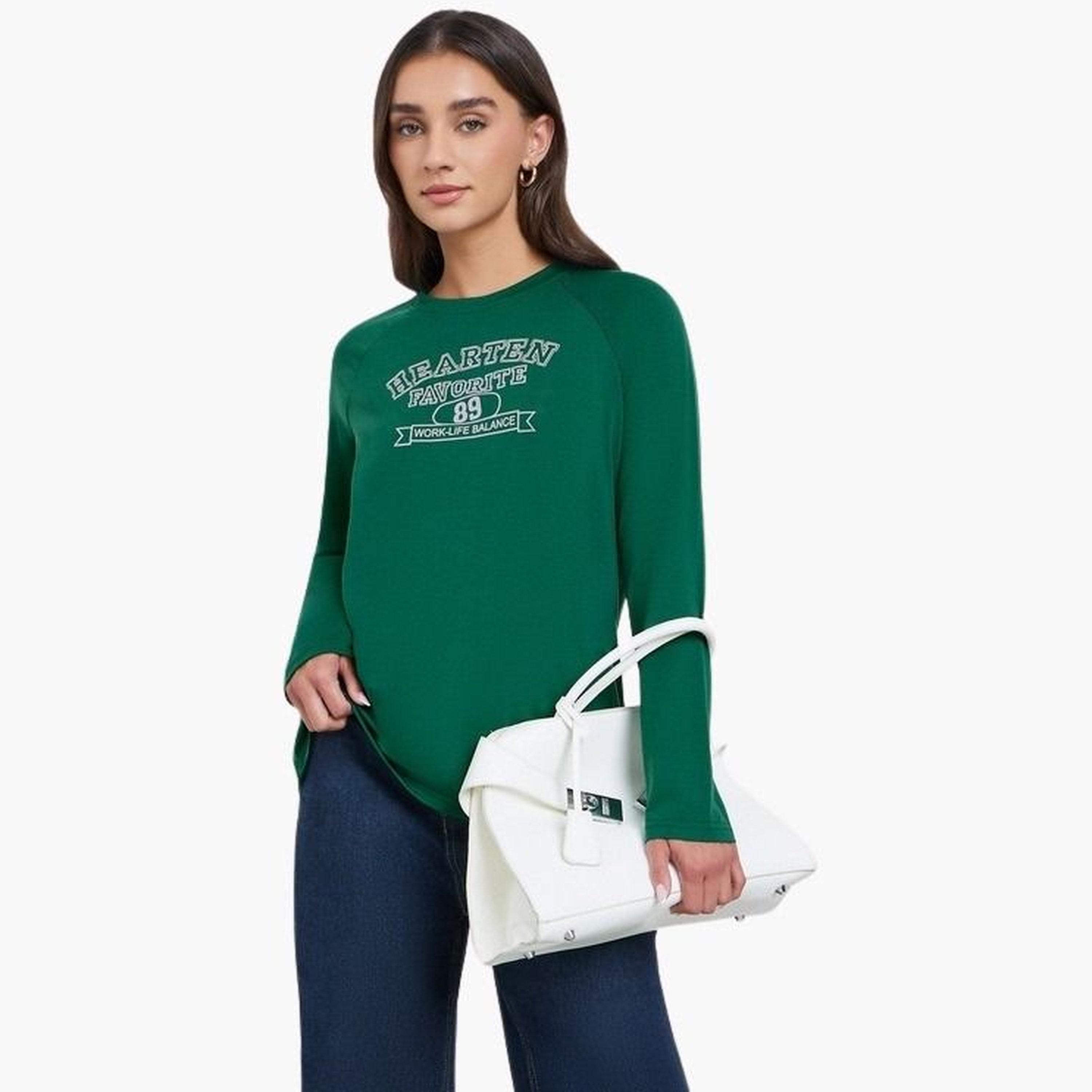 Styli Women Dark Green Slogan Raglan Sleeve T-Shirt-women-clothing-tshirts-image-1