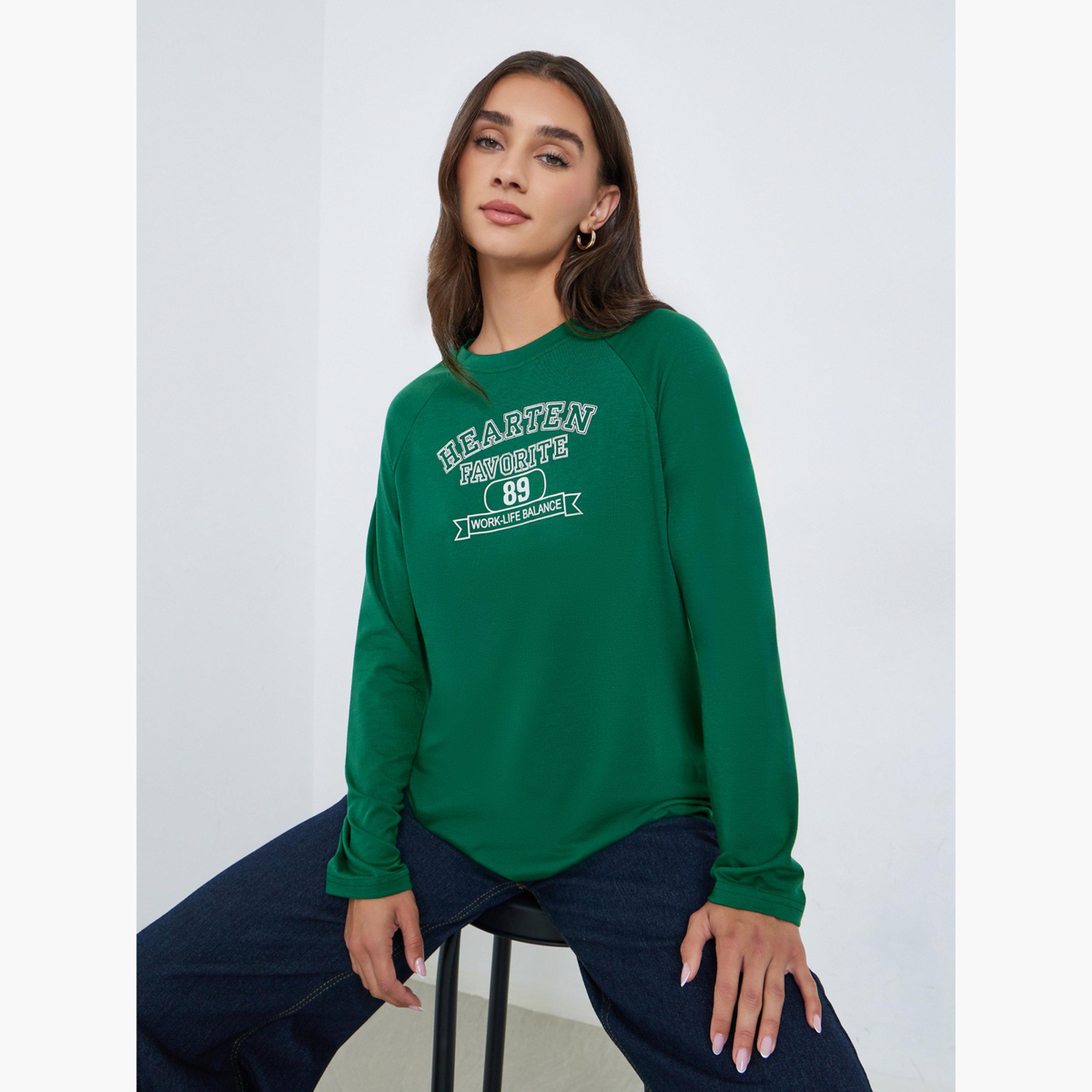 Styli Women Dark Green Slogan Raglan Sleeve T-Shirt-women-clothing-tshirts-image-2