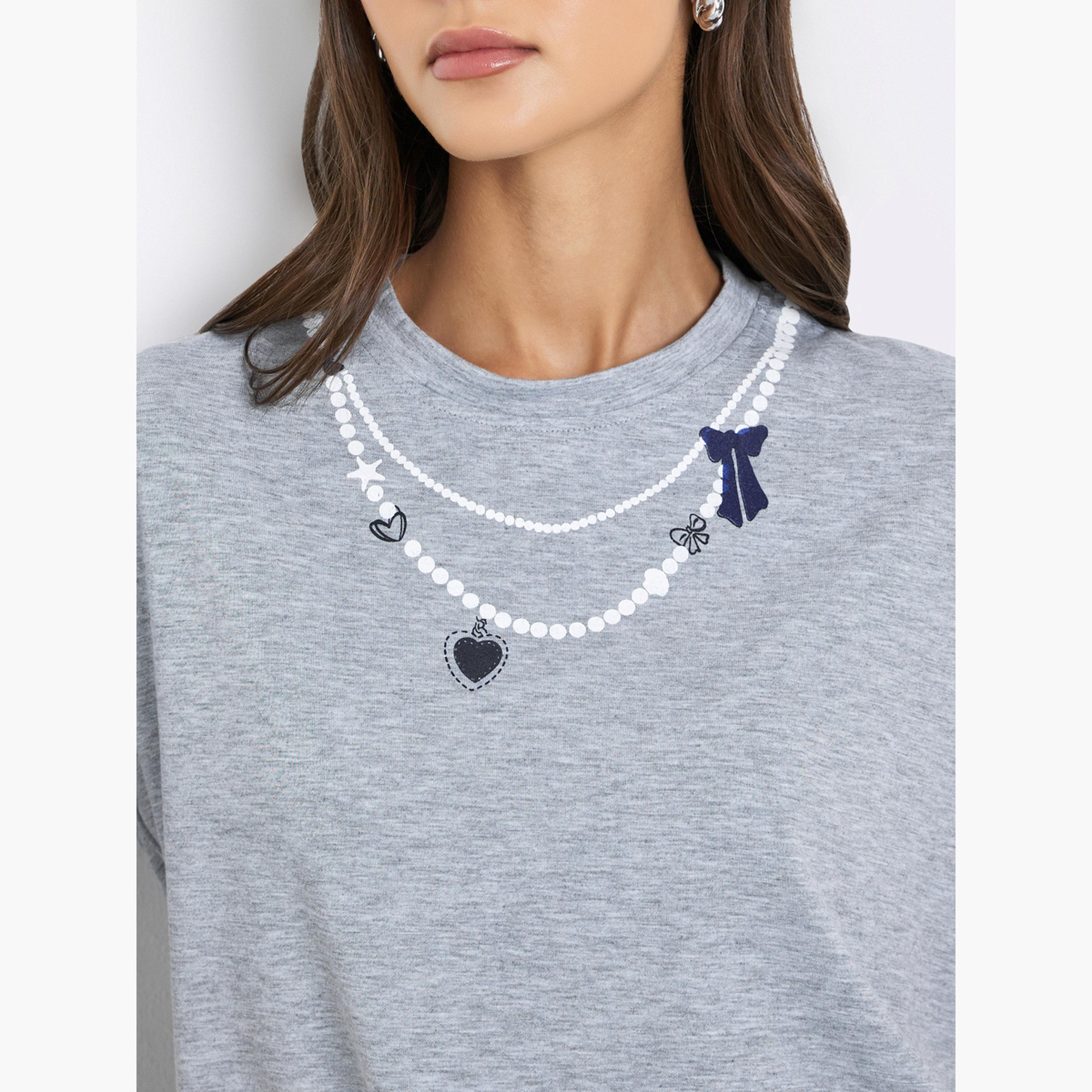 Styli Grey Necklace Graphic Print T-Shirt-women-clothing-tshirts-image-3