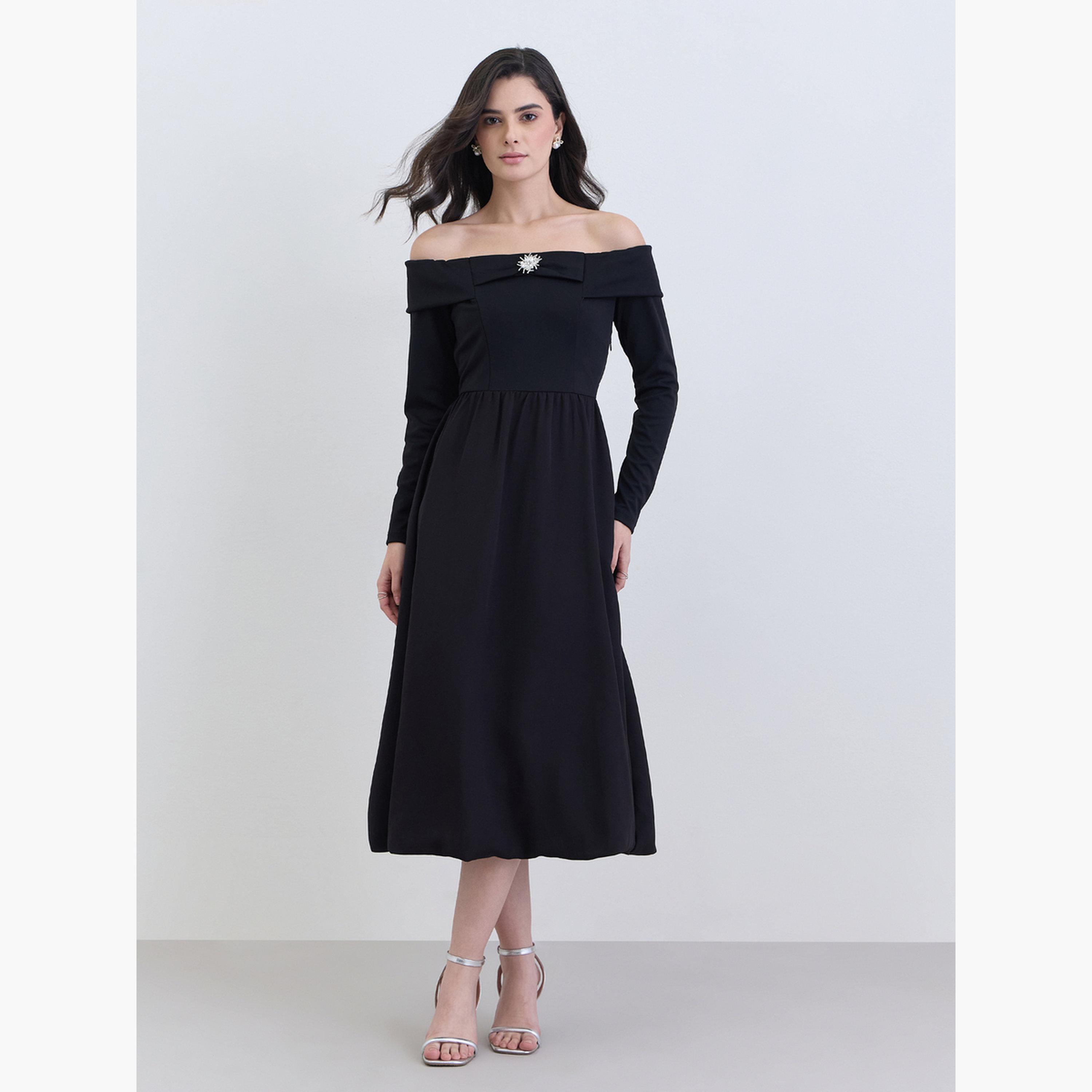 Styli Women Black Off-Shoulder A-Line Midi Dress-women-clothing-dresses-image-1