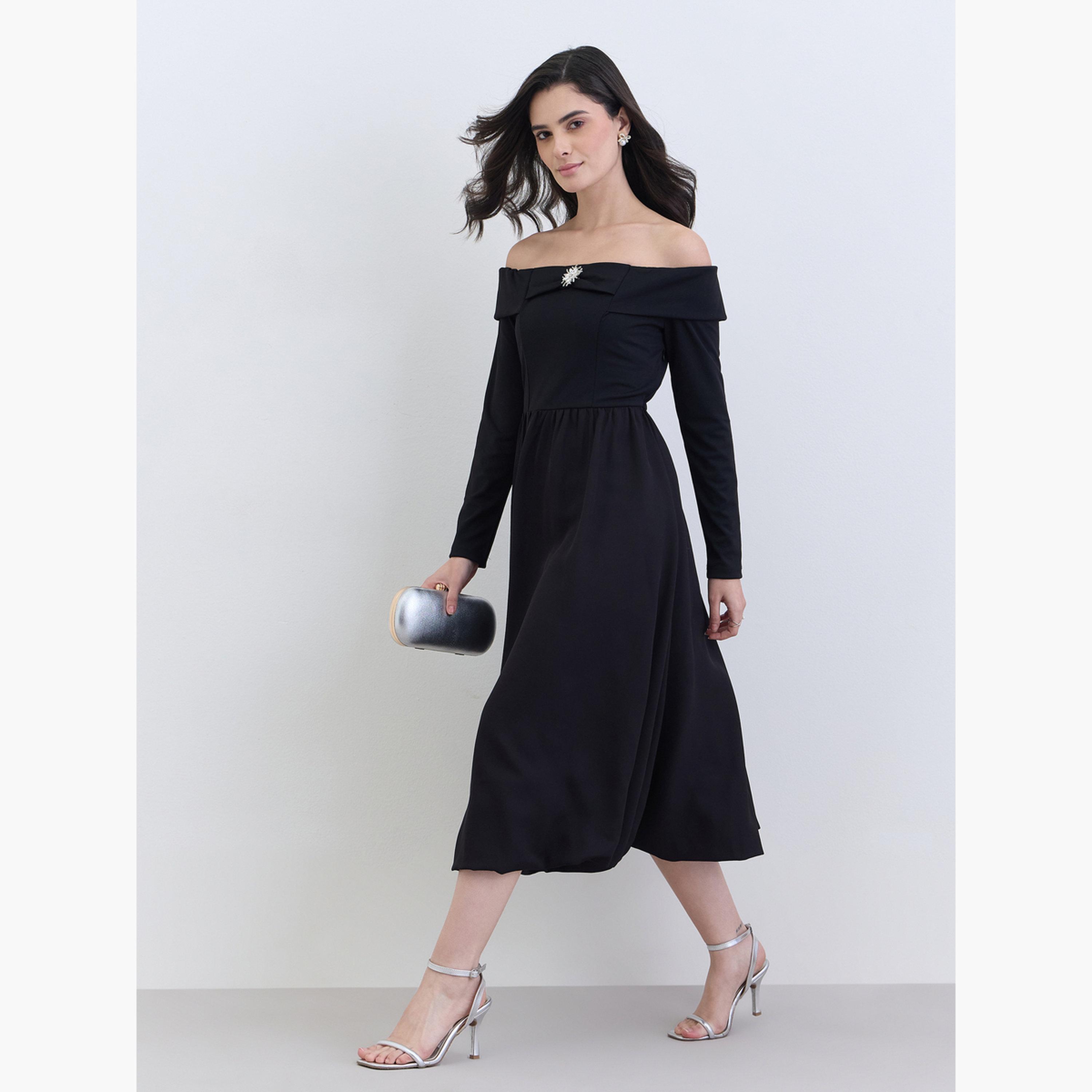 Styli Women Black Off-Shoulder A-Line Midi Dress-women-clothing-dresses-image-2