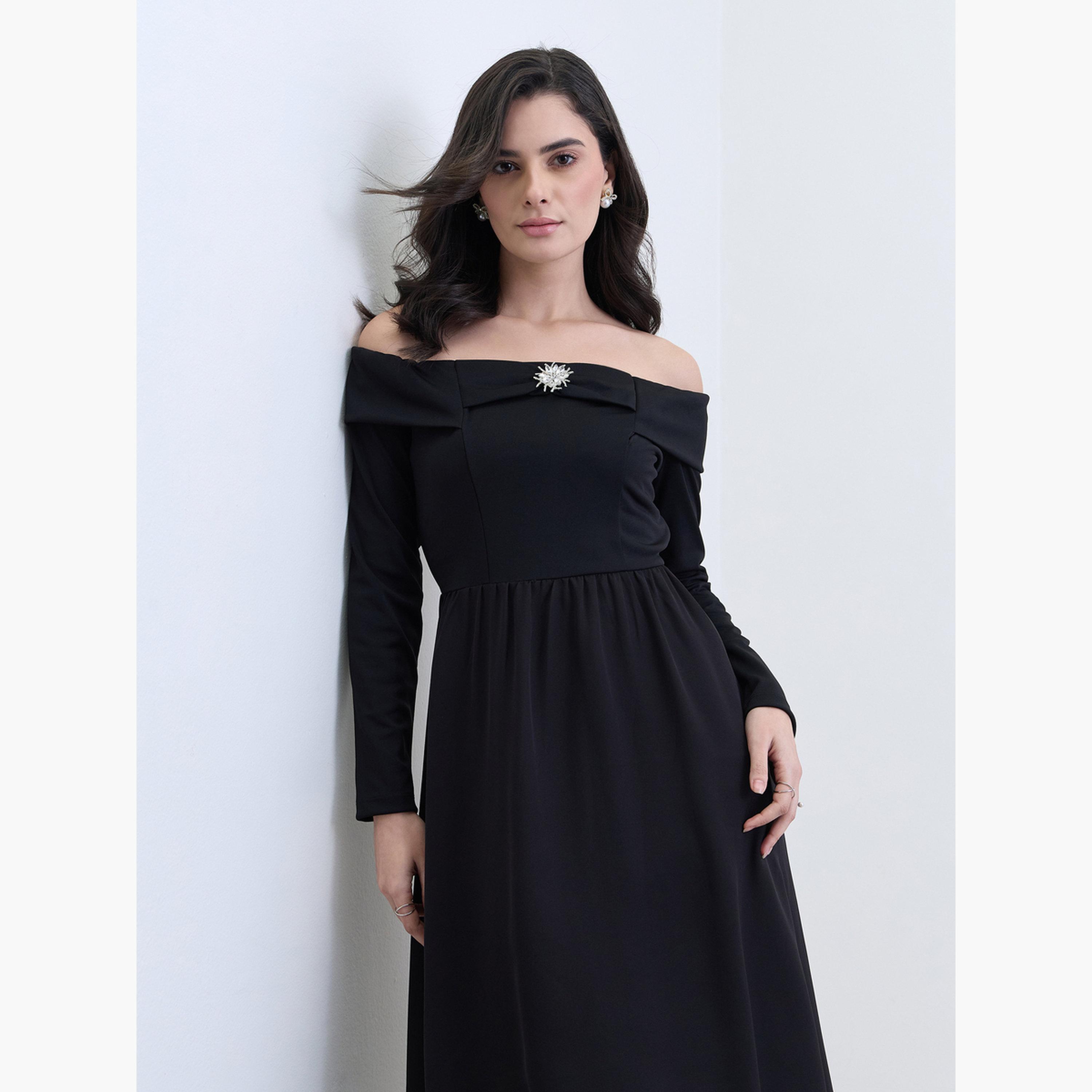 Styli Women Black Off-Shoulder A-Line Midi Dress-women-clothing-dresses-image-3