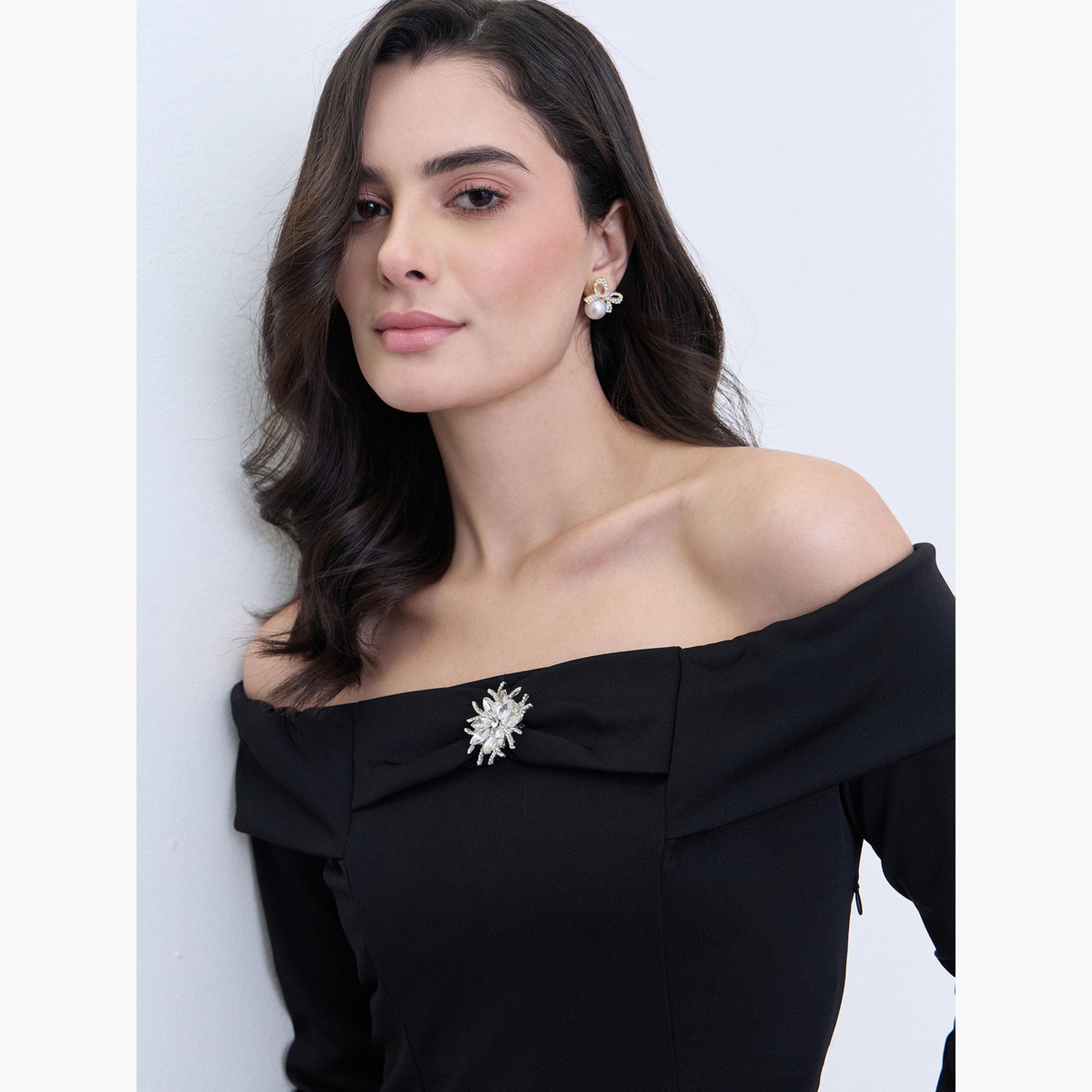 Styli Women Black Off-Shoulder A-Line Midi Dress-women-clothing-dresses-image-4