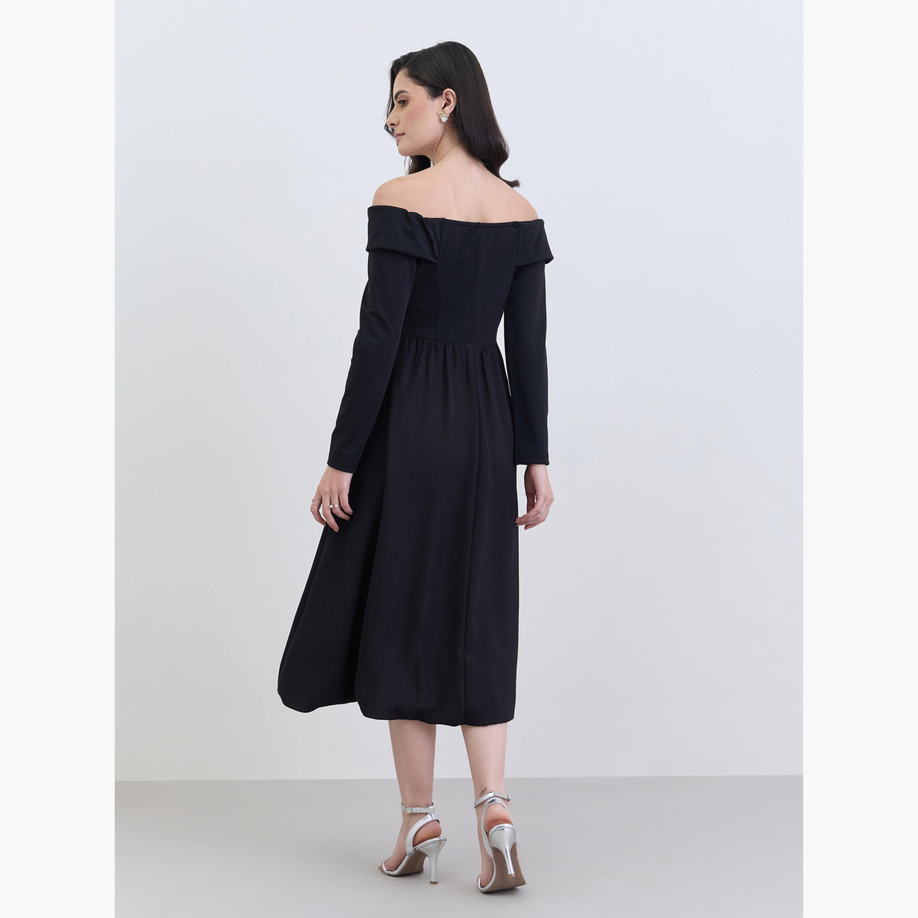 Styli Women Black Off-Shoulder A-Line Midi Dress-women-clothing-dresses-image-5