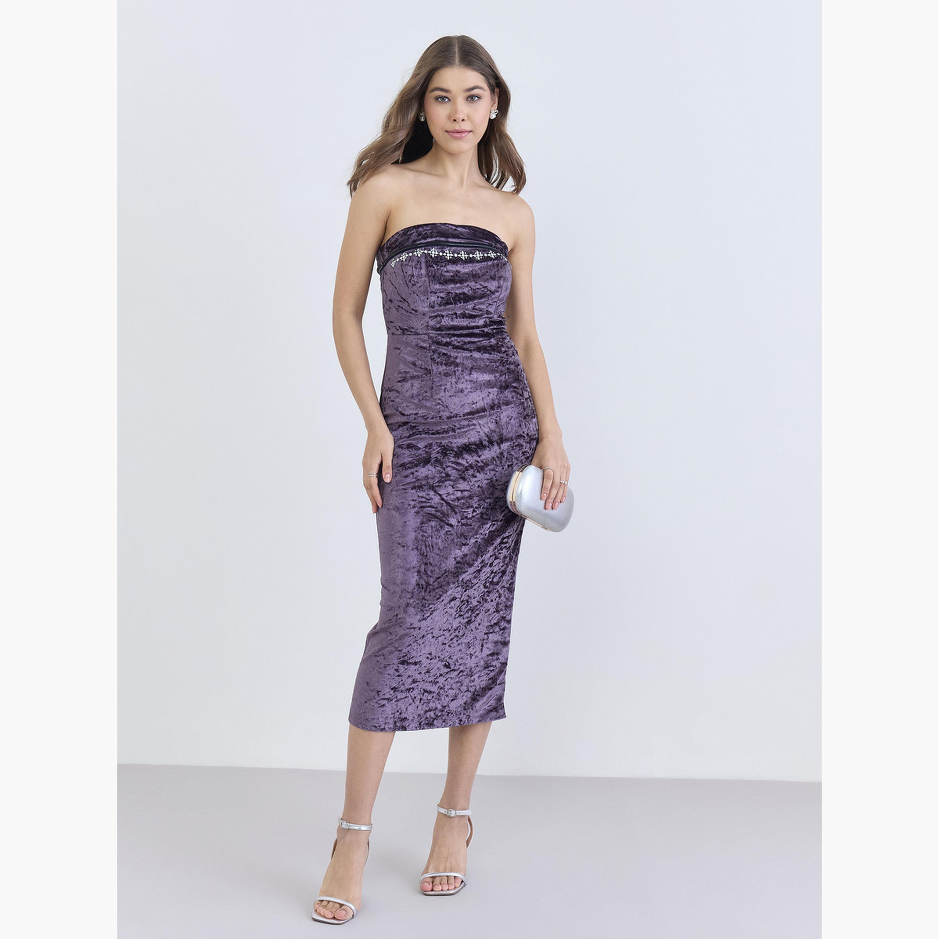 فستان ميدي ضيق بياقة مكشوفة الأكتاف ومزين-women-clothing-dresses-image-1