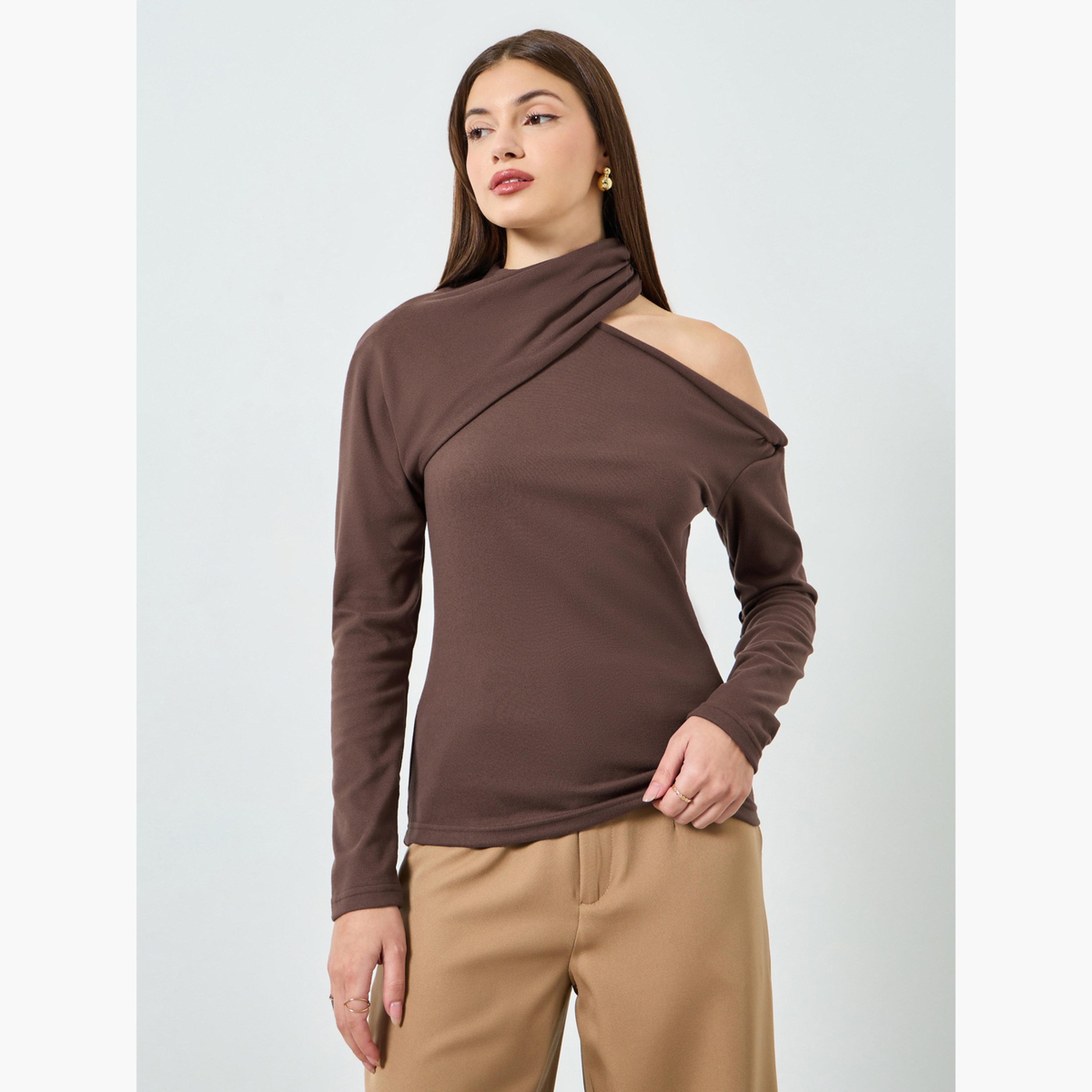 Styli Brown Twisted Neck Long Sleeve Knit Top-women-clothing-shirtsandblouses-blouses-image-1