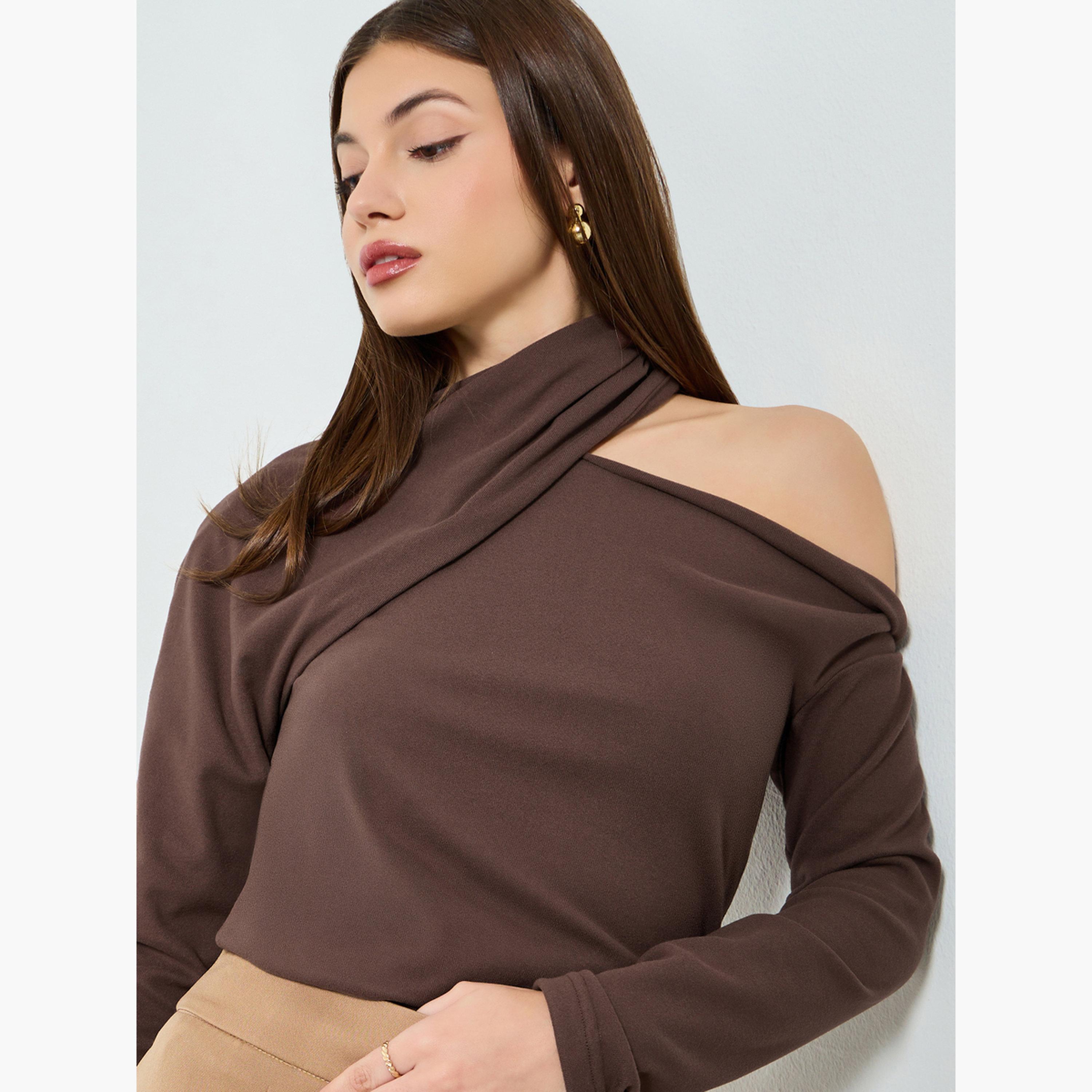Styli Brown Twisted Neck Long Sleeve Knit Top-women-clothing-shirtsandblouses-blouses-image-3