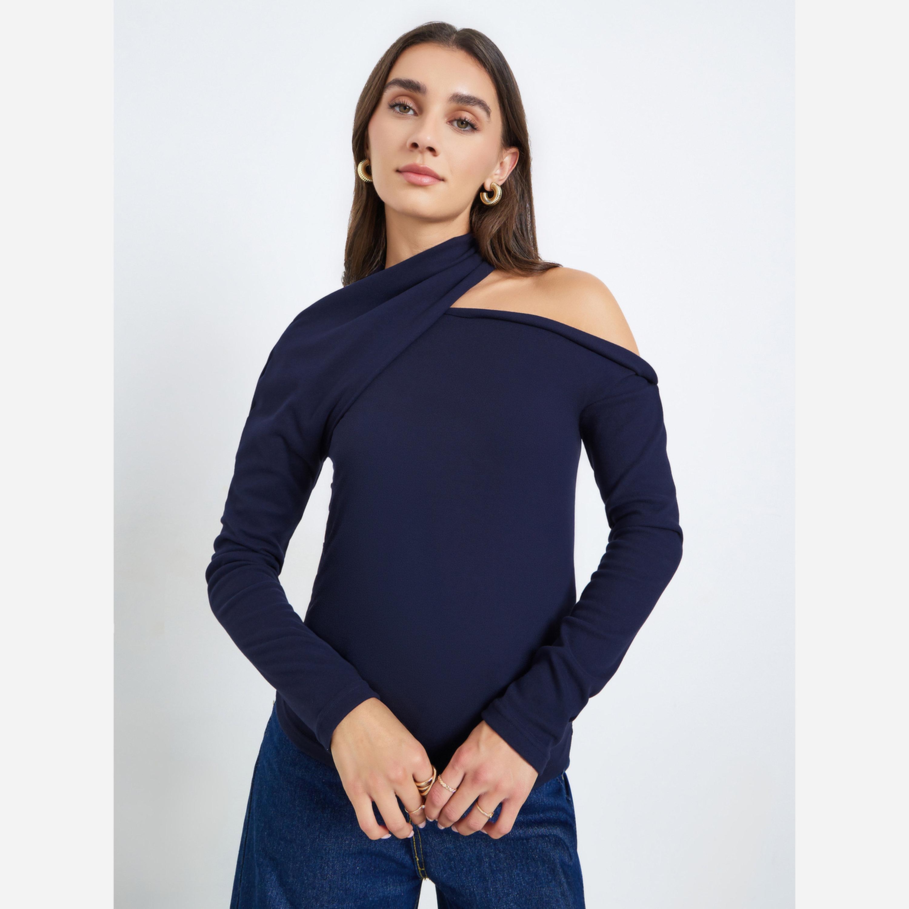 Styli Women Navy Blue One Shoulder Knit Top-women-clothing-tshirts-image-1