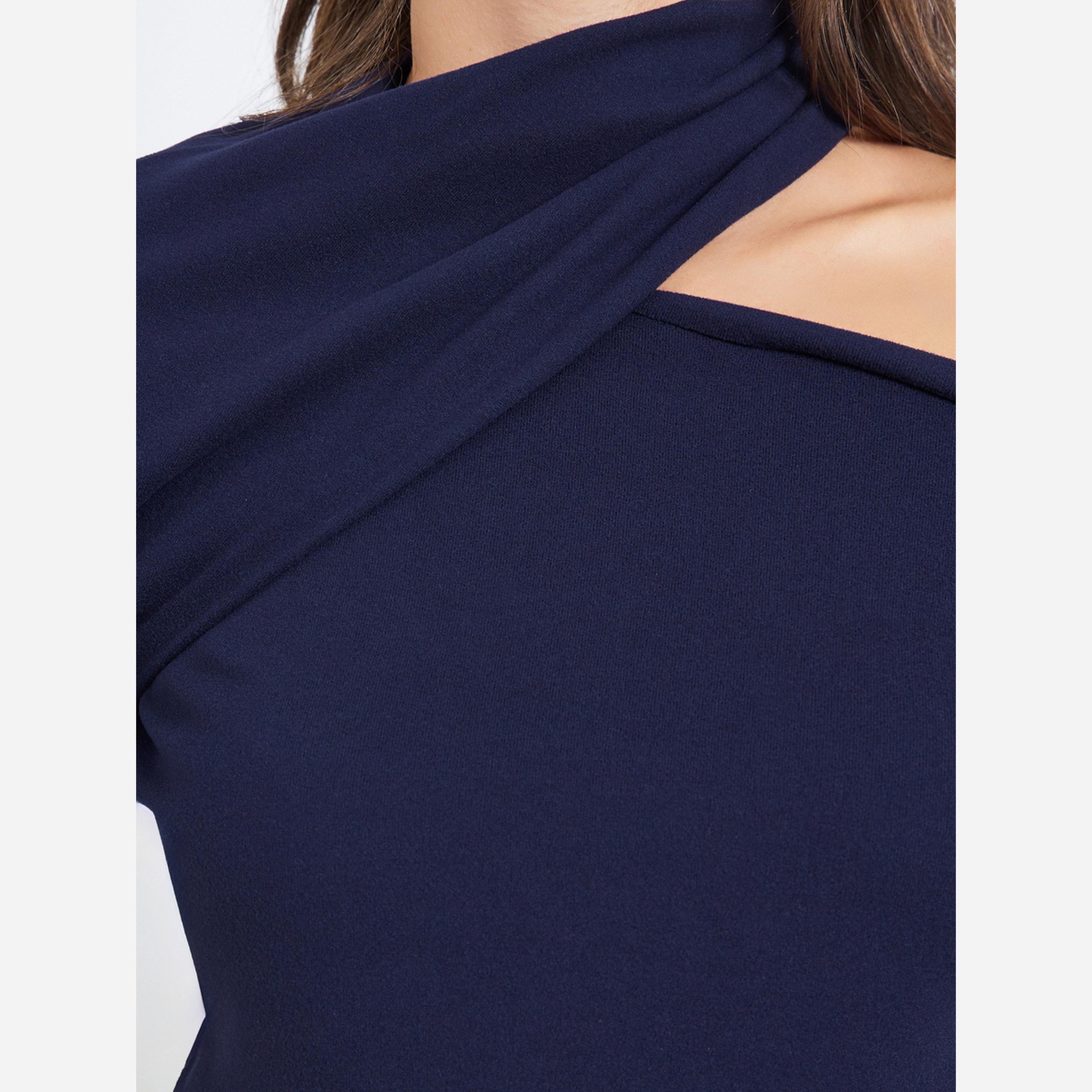 Styli Women Navy Blue One Shoulder Knit Top-women-clothing-tshirts-image-3