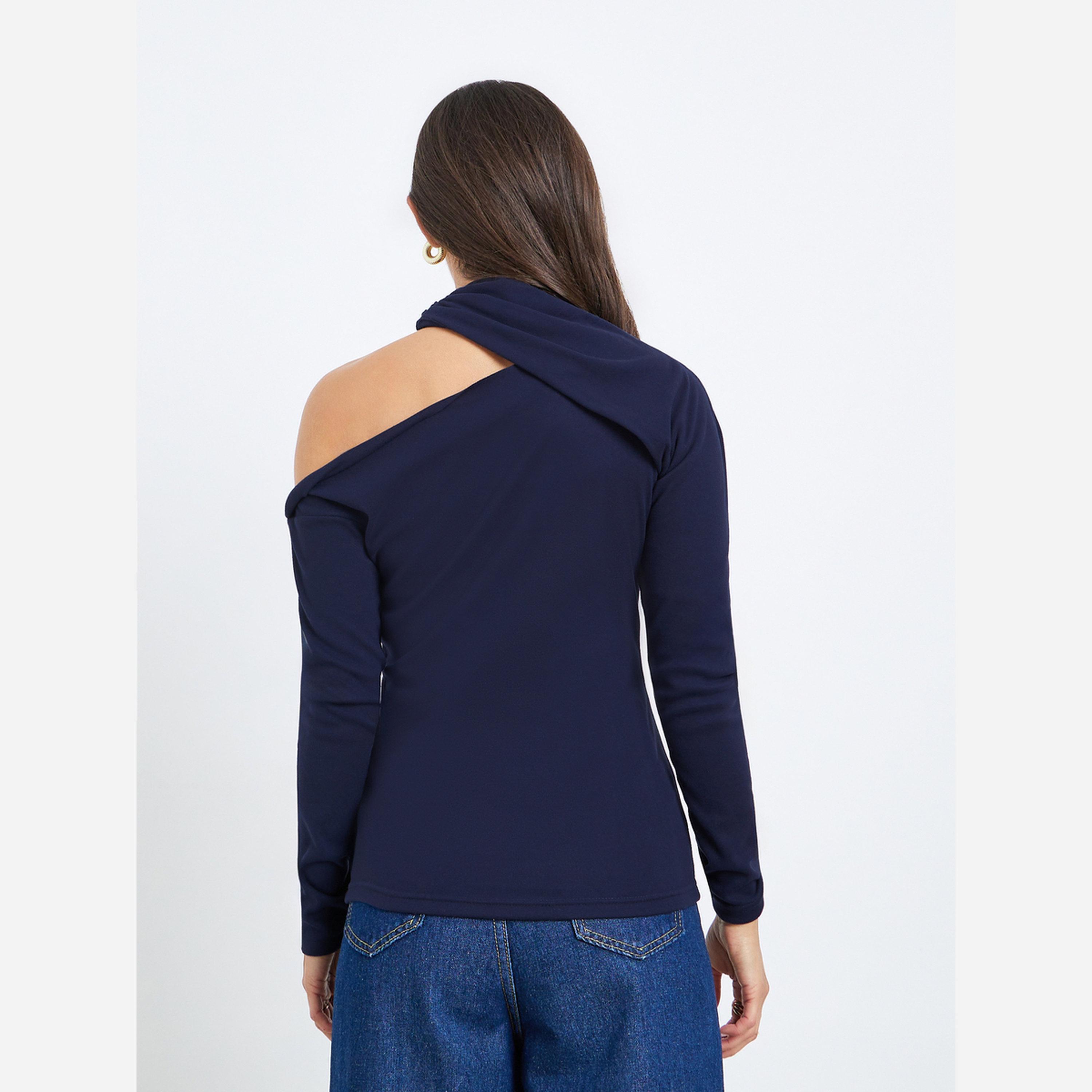 ستايلي - بلوزة محبوكة للنساء لون أزرق داكن بكتف واحد-women-clothing-tshirts-image-4