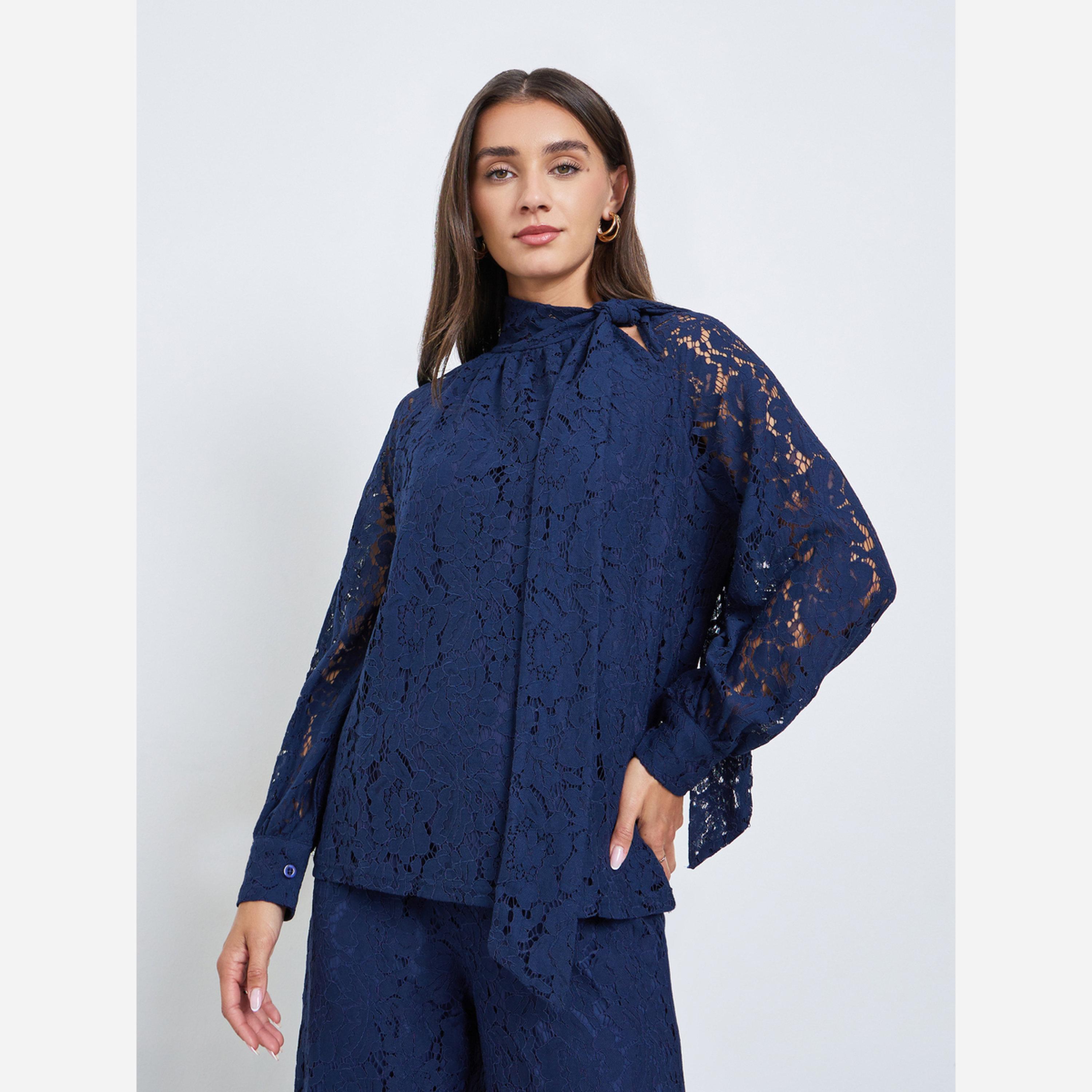 ستايلي - بلوزة لون أزرق داكن رباط من الدانتيل عند الرقبة-women-clothing-shirtsandblouses-blouses-image-1