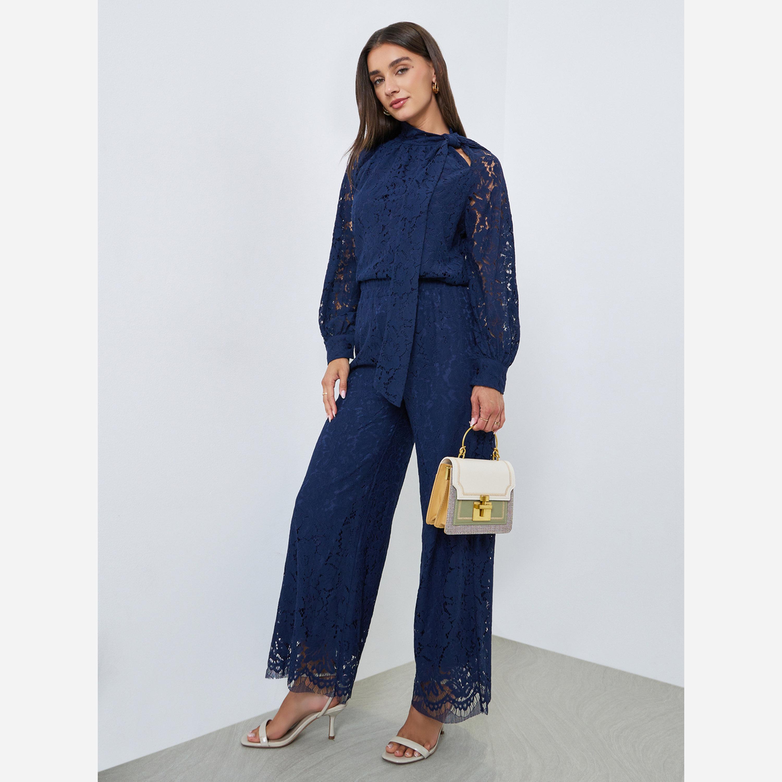 Styli Navy Blue Lace Tie Up Neck Blouse-women-clothing-shirtsandblouses-blouses-image-2