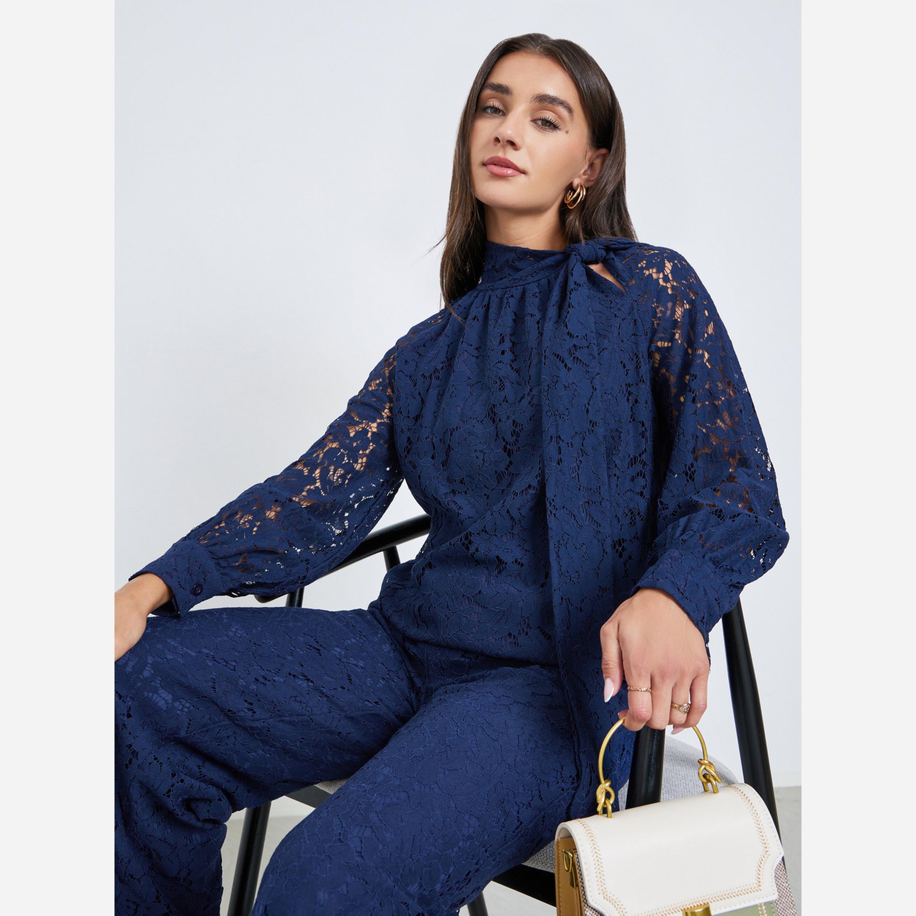 Styli Navy Blue Lace Tie Up Neck Blouse-women-clothing-shirtsandblouses-blouses-image-3