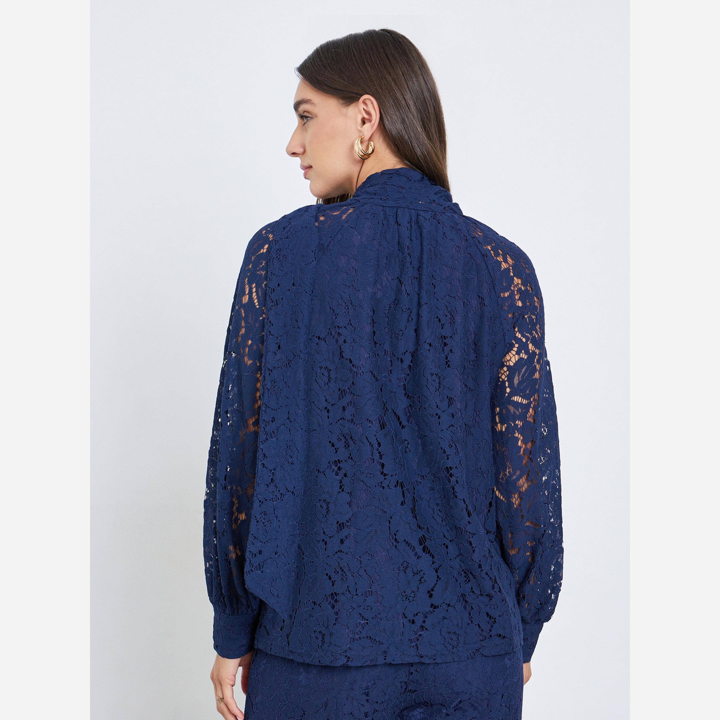 ستايلي - بلوزة لون أزرق داكن رباط من الدانتيل عند الرقبة-women-clothing-shirtsandblouses-blouses-image-5
