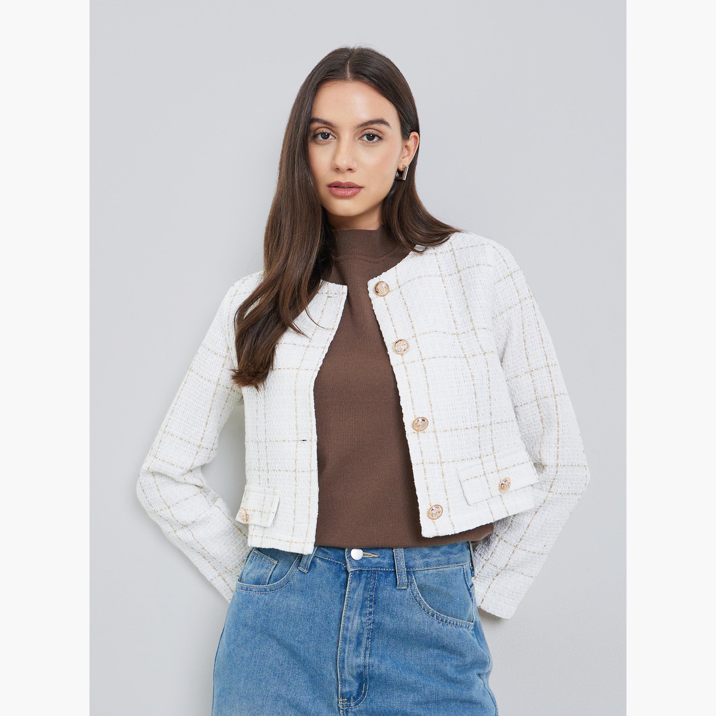 Take Two Checked Round Neck Long Sleeves Women's Buttoned Jacket-women-winterwear-coatsandjackets-jackets-image-1